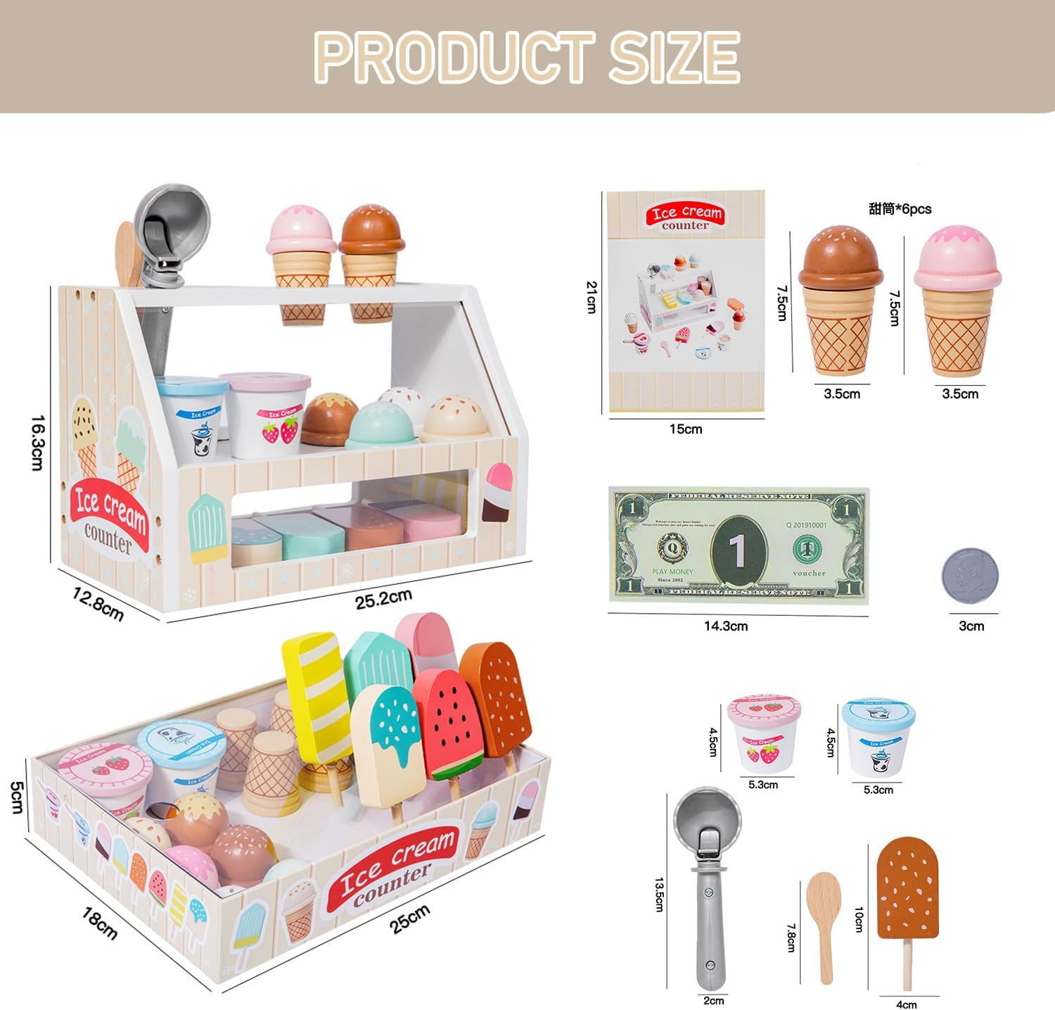 Uandhome Ice Cream Toy,Wooden Ice Cream Toys for Kids Toddlers, Pretend Play Kitchen Food Toys, Ice Cream Counter Shop Playset for Kids, Kids Ice Cream Cart, Toys for 3 4 5 6 7 8 Year Old Girls Boys