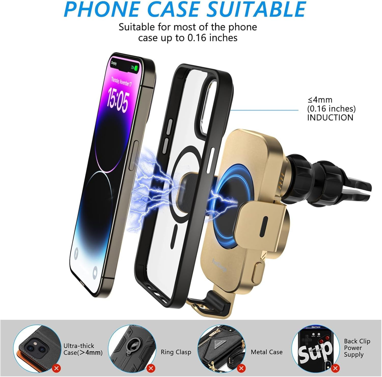 MOYAC Wireless Car Charger, Fast Charging 15W Auto Clamping Car Charger Phone Holder Phone Mount for Iphone15 14 13 12 11 Pro Max Xs, Samsung Galaxy S23 Ultra S22 S21 S20 S10+ Note 9, Etc(Gold) image number 3