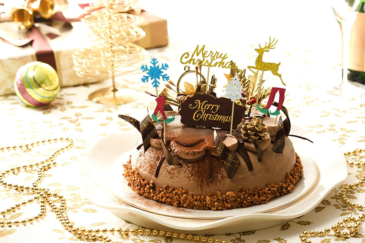 Christmas Cupcake Toppers, Christmas Cake Topper, Merry Christmas Tree Elk Socks Snowflake Cake Cupcake Picks Decorations for Christmas Party Engagement Carnival Celebration Dessert Decor Supply image number 1