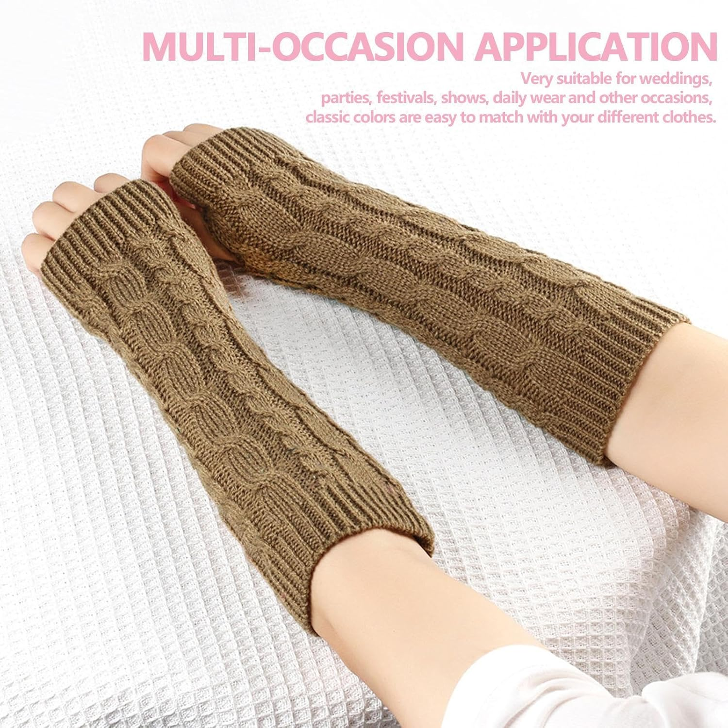 Long Fingerless Gloves - Long Fingerless Gloves Knit Warmer - Soft and Stretchy Half Finger Winter Warm Knitted Arm Warmers for Family, Friends image number 2