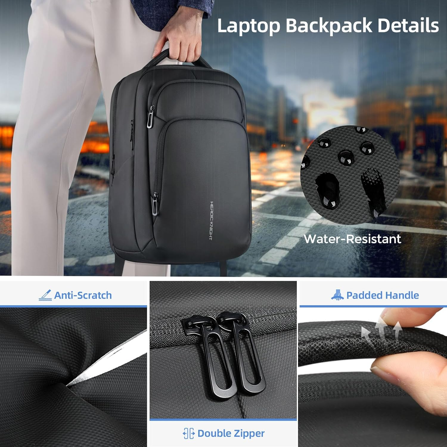 17.3 Inch Laptop Backpack for Travel Work Office College, 30L Water Resistant Casual Daypack, Lightweight Computer Backpack for Men Women, Business Laptop Bag with USB Charging Port - Black image number 3