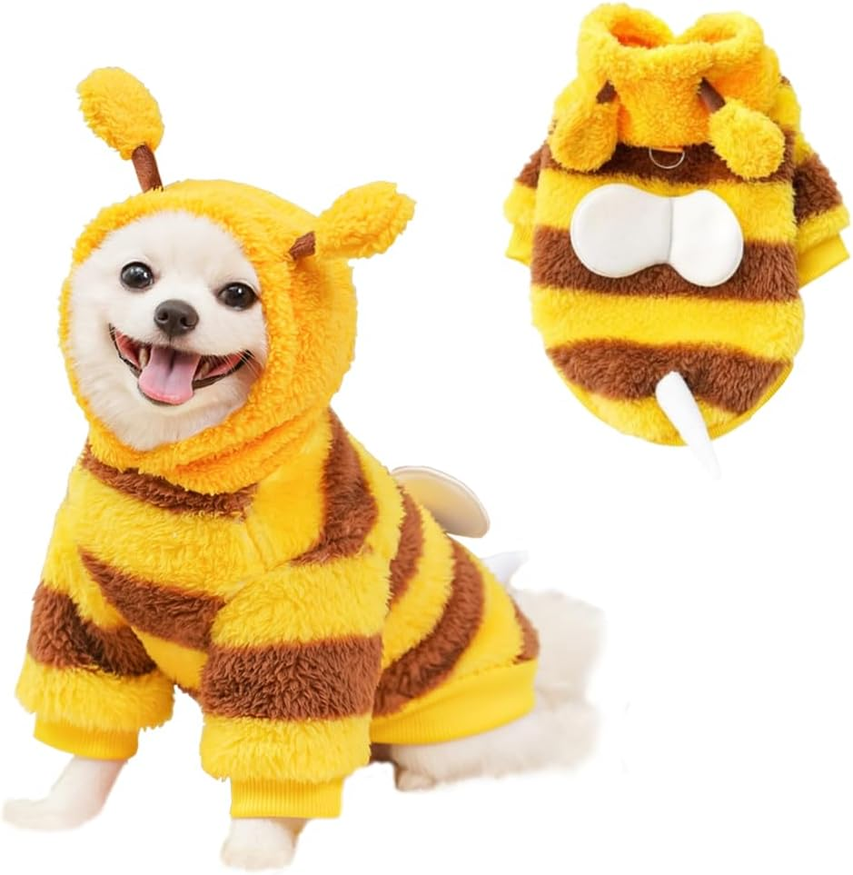 ANIAC Fleece Dog Hoodies with D-Ring Autumn Winter Puppy Clothes for Small Dogs Bumblebee Cat Apparel Cold Weather Coat Funny Dog Bee Costume for Christmas Halloween (Yellow, X-Small) image number 7