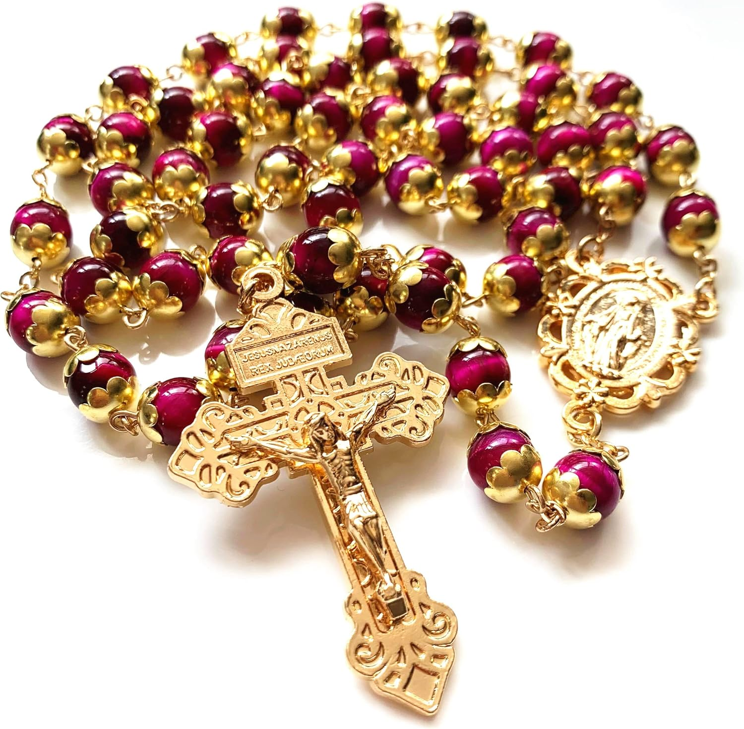 Elegantmedical HANDMADE Tiger Eye Prayer Beads Catholic Rosary Necklace Gift Box Italy Crucifix Gold