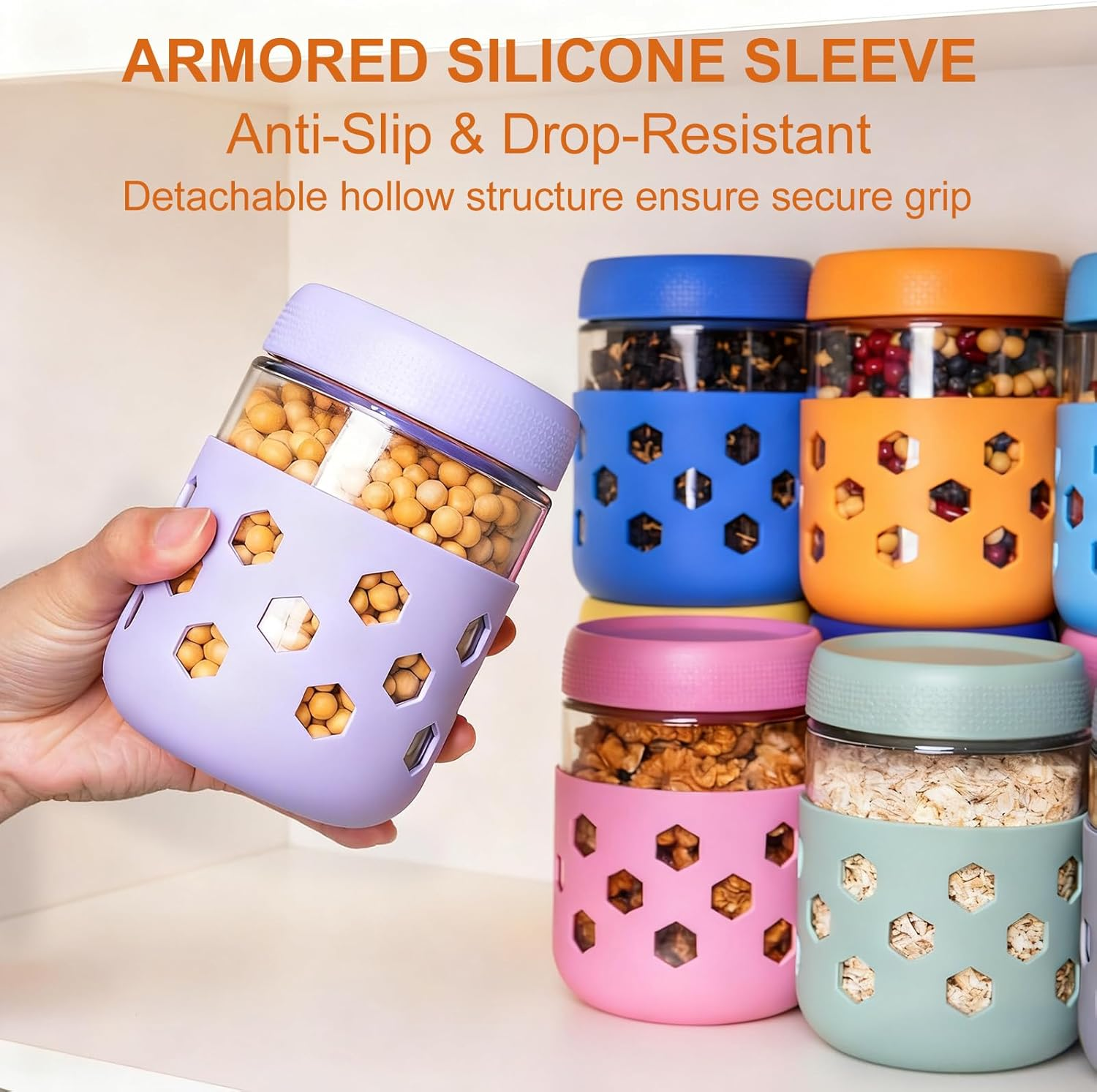 6 Pack Overnight Oats Container Jar with Lid & Silicone Sleeves, Wide Mouth Mason Jar, Airtight Bpa-Free, Dishwasher Safe, Glass Jars for Salad, Spice, Snacks, Dressing Sauce(480 ML/16 Oz) image number 1