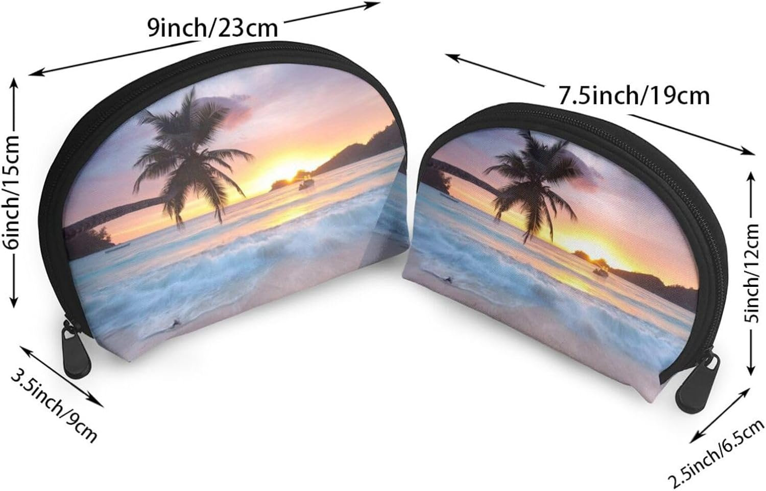 Cozimangoe Coin Pouch Makeup Bags Set, 2 Piece Shell Shape Cosmetic Bag with Pockets for Daily Travel Handbag Lipstick Keys Toiletry, Personalized Sunrise Tropical Palm Tree Island