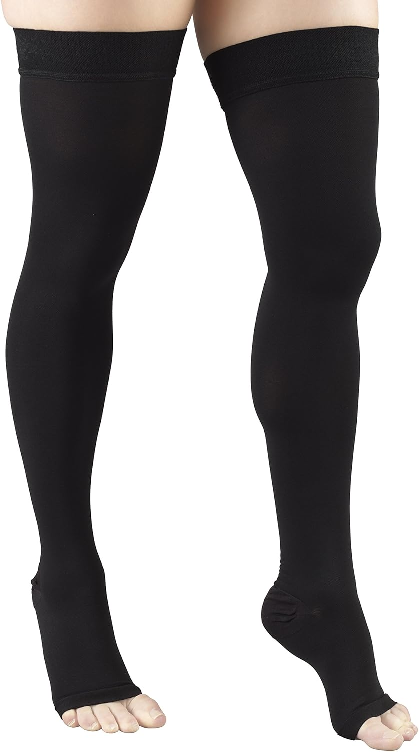Truform 30-40 Mmhg Compression Stockings for Men and Women, Thigh High Length, Dot-Top, Open Toe, Black, Large image number 5