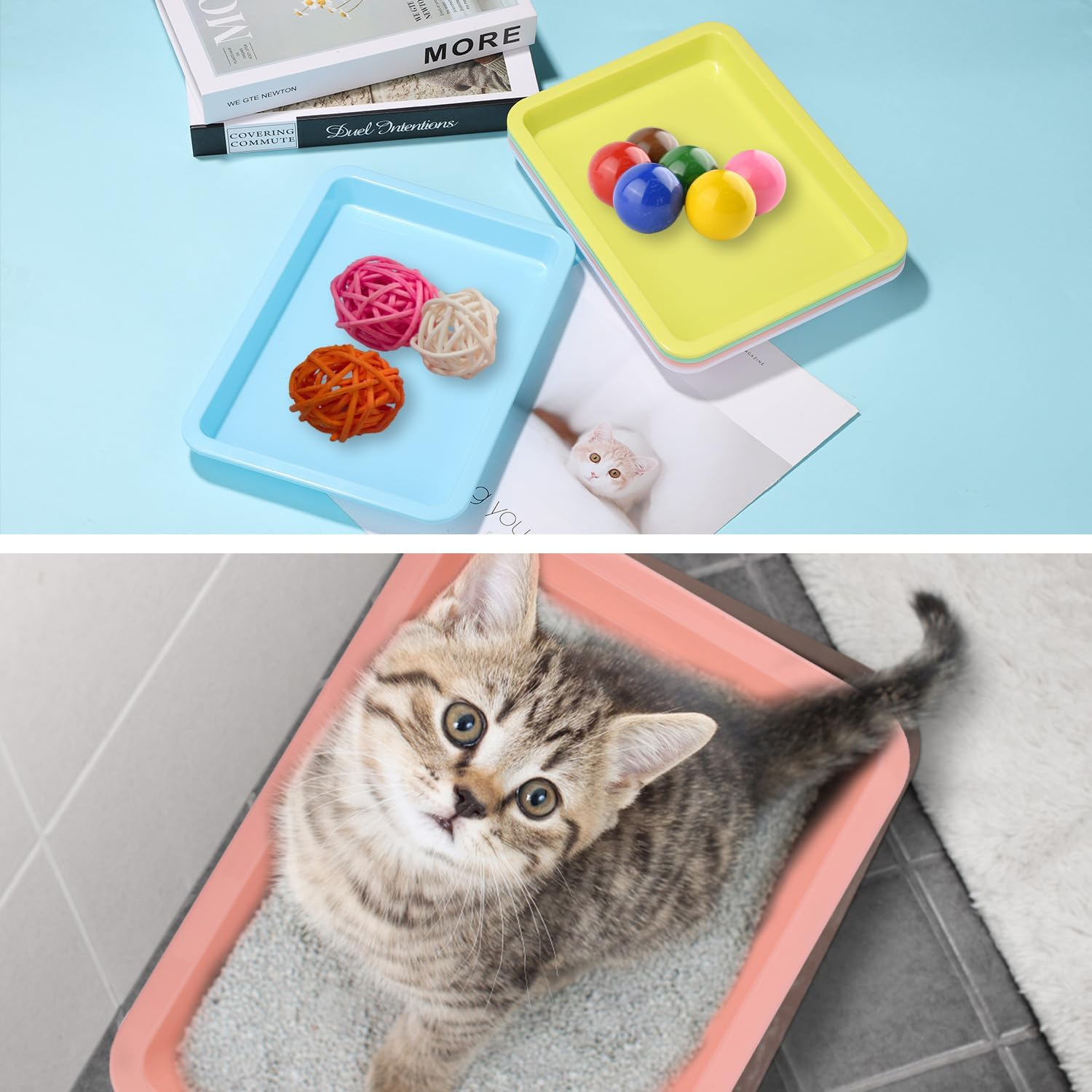 5Pcs Plastic Cat Litter Trays, Shallow Litter Box - Cat Waste Tray for Indoor Kittens (5 Colors) image number 3