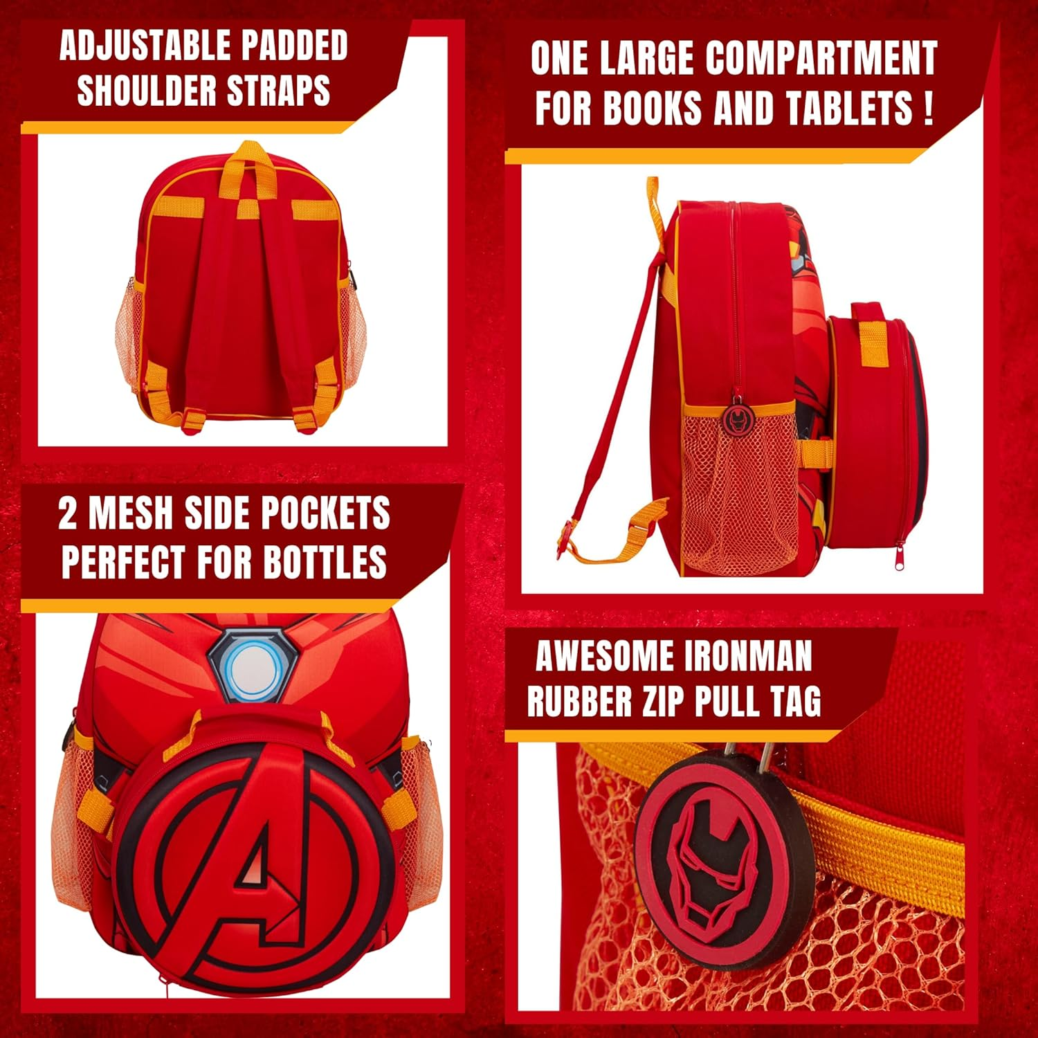 Marvel Kids Iron Man Backpack Avengers Detatchable Lunch Bag Water Bottle Holder Matching 2 Piece Set image number 5