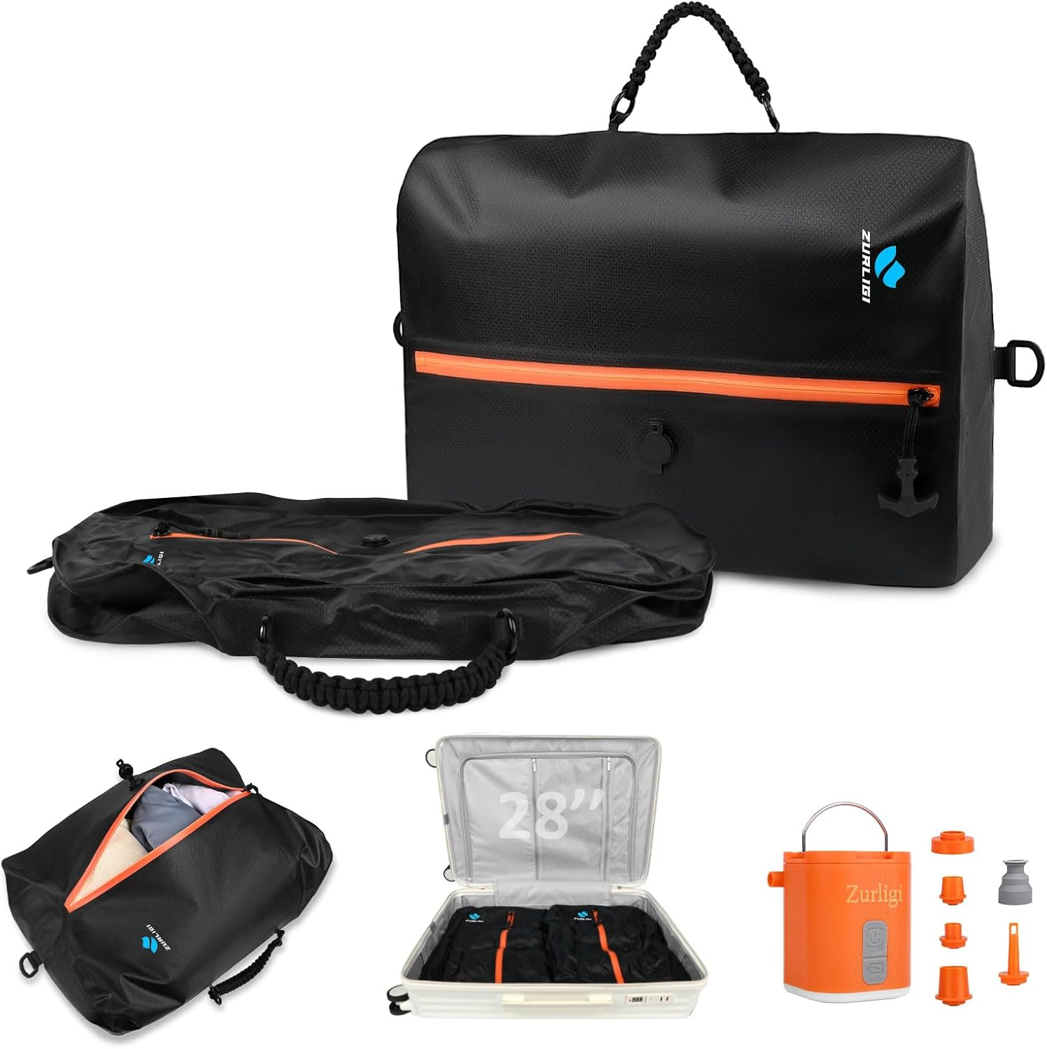 Zurligi Vacuum Bag for Travel with Pump, 40L Vacuum Compression Bag with Removable Handle, IP67 Reusable Vacuum Packing Cubes for Luggage, Backpack, Suitcase, Yoga, Swim, Beach (2PCS Black) image number 2