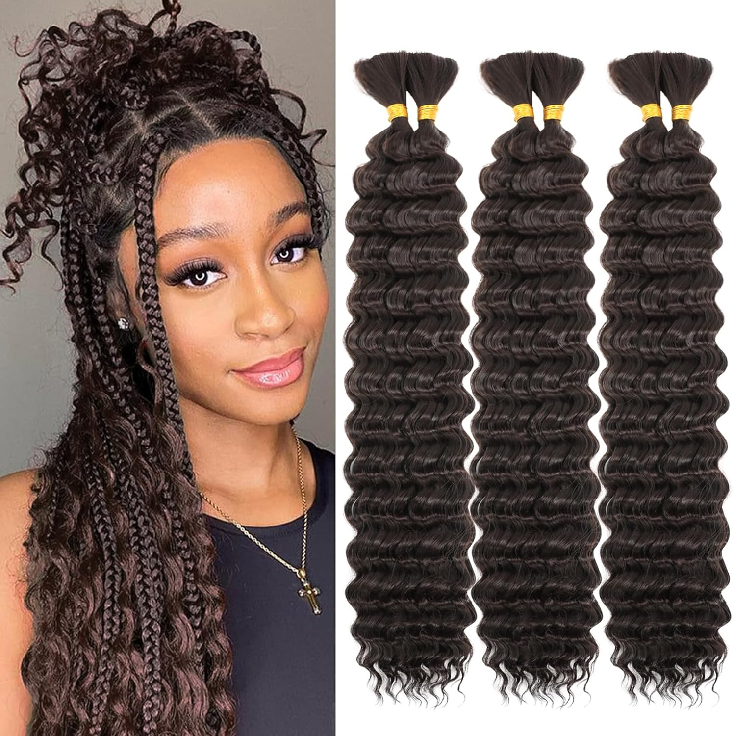 LPARMJIT Deep Wave Bulk Hair for Braiding, 18 Inches, 2 Bundles/Pack, No Weft for Braiding, Wavy Synthetic Braiding Hair Extensions for Boho Braids