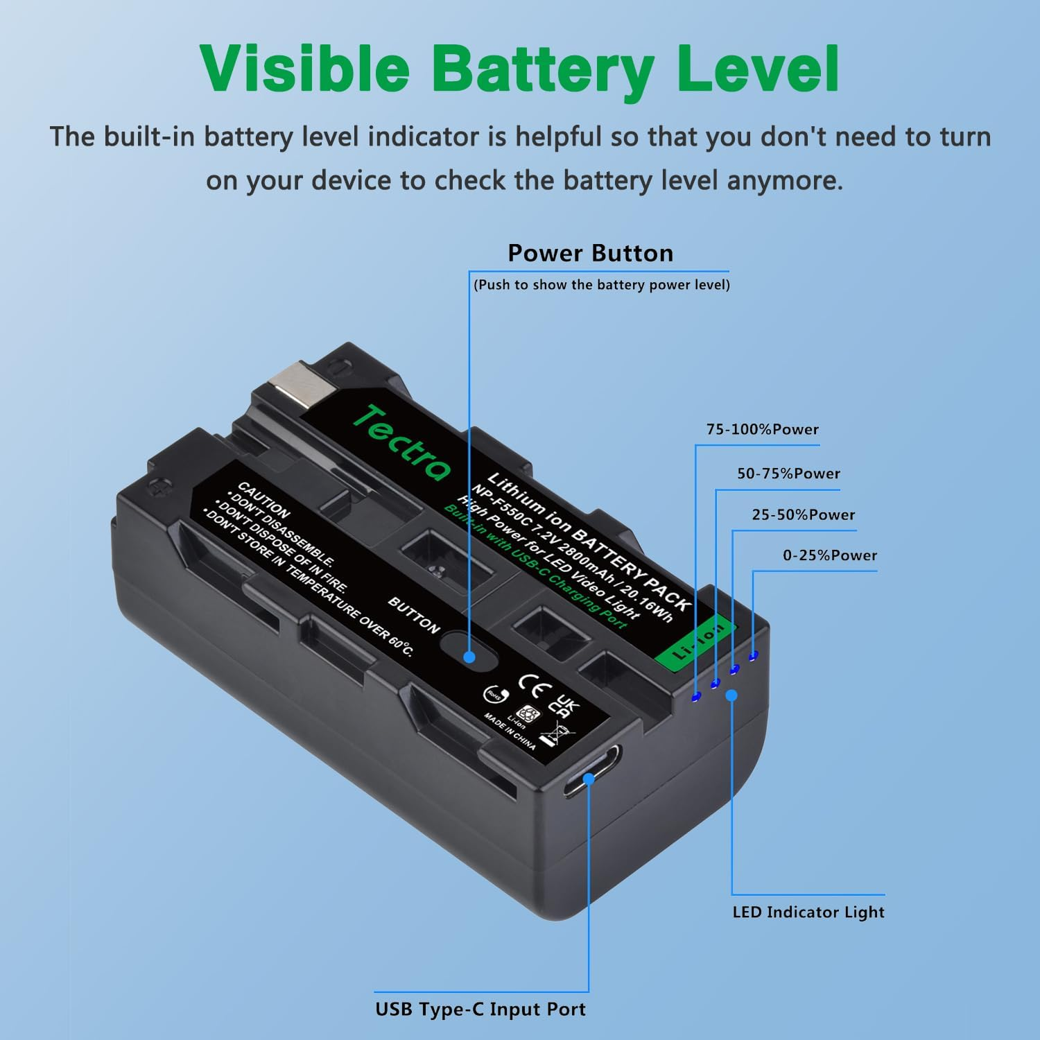 Tectra 2-Pack NP-F550 NP-F570 Battery with USB-C Port for Sony NP F970, F750, F770, F960, F530, F330, F570 and Compatible with LED Video Light, Monitor, Ring Light (Not for Camera) image number 3