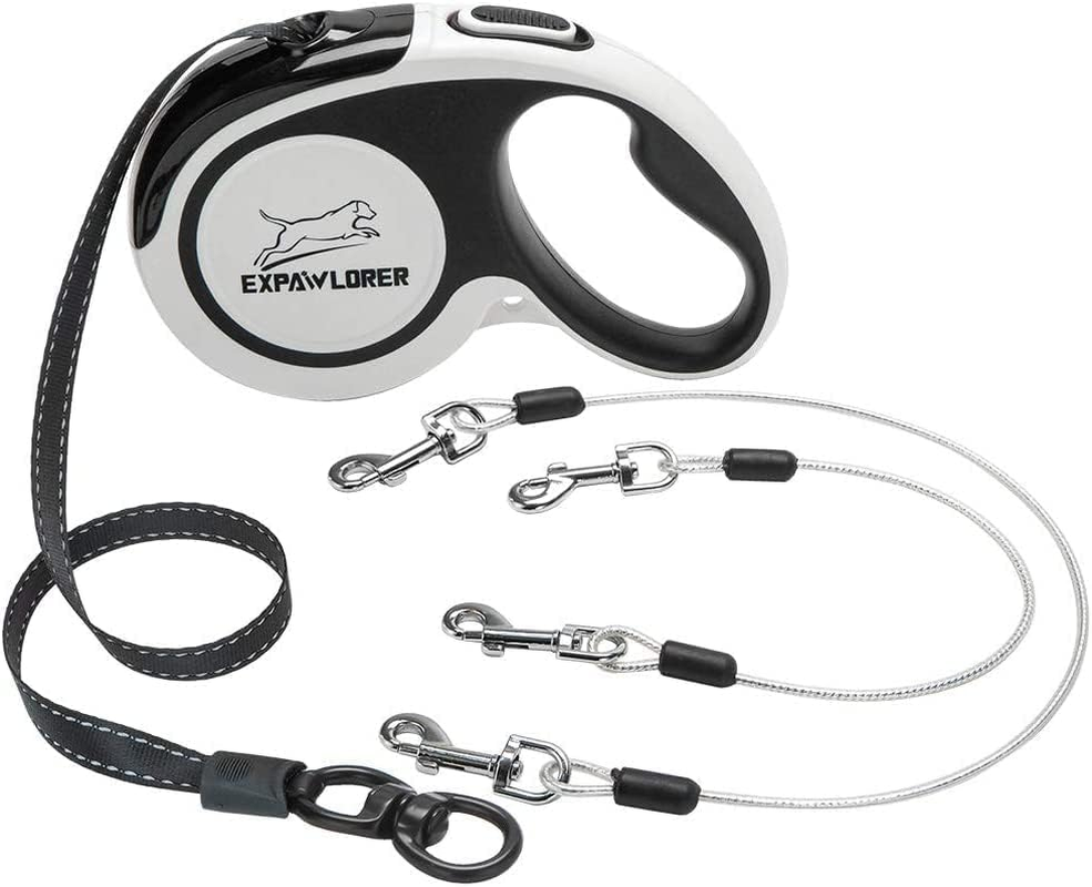EXPAWLORER Retractable Double Dog Leash - Chew Proof, 2 No Tangle Strong Wire Ropes, 16 Ft Heavy Duty Walk Leash for Medium & Large Dogs (Black & White) image number 5