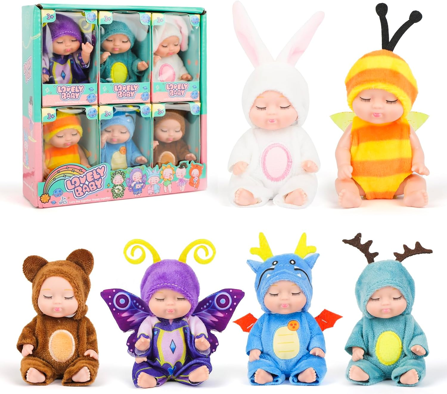 6PCS 4.7Inch Mini Reborn Baby Dolls with Cute Animal Clothes for Kids 3+ Tiny Silicone Sleeping Baby Doll Toy Action Figures Set for Girls Boys Birthday Christmas image number 3