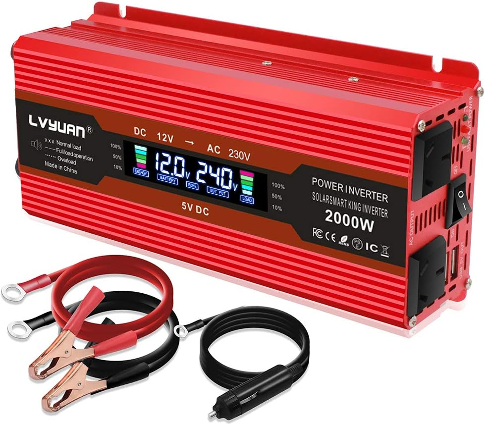Yinleader 1000W/2000W(Peak) Car Power Inverter DC 12V to 240V AC Converter with Intelligent LCD Display Dual AC Outlets Dual USB for RV Caravan Truck Laptop(Red) image number 3
