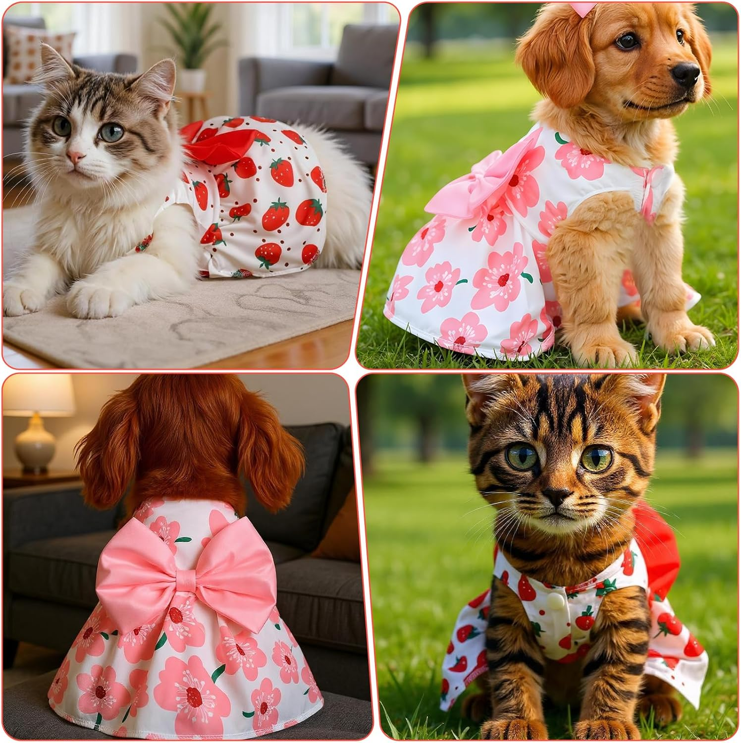Telooco 2 Pcs Puppy Clothes for Small Dogs Girl Summer Bow Clothes for Dogs Printed Strawberry Small Dog Dresses for Chihuahua, Yorkshire Terrier Puppy and Kittens(Pink, Red) image number 2