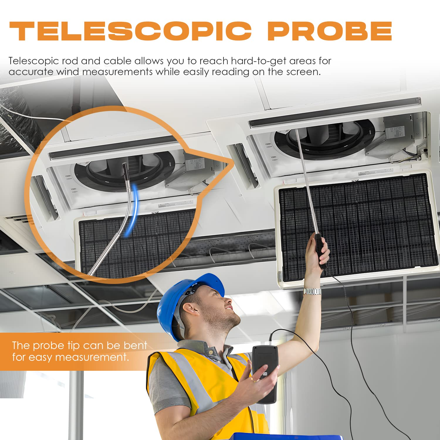 Bonvoisin Hotwire Anemometer Handheld CFM/CMM Air Flow Velocity Meter Wind Speed Gauges with Backlight LCD Display for HVAC In-Duct Airflow Air Velocity Temperature(Thermal Anemometer) image number 5