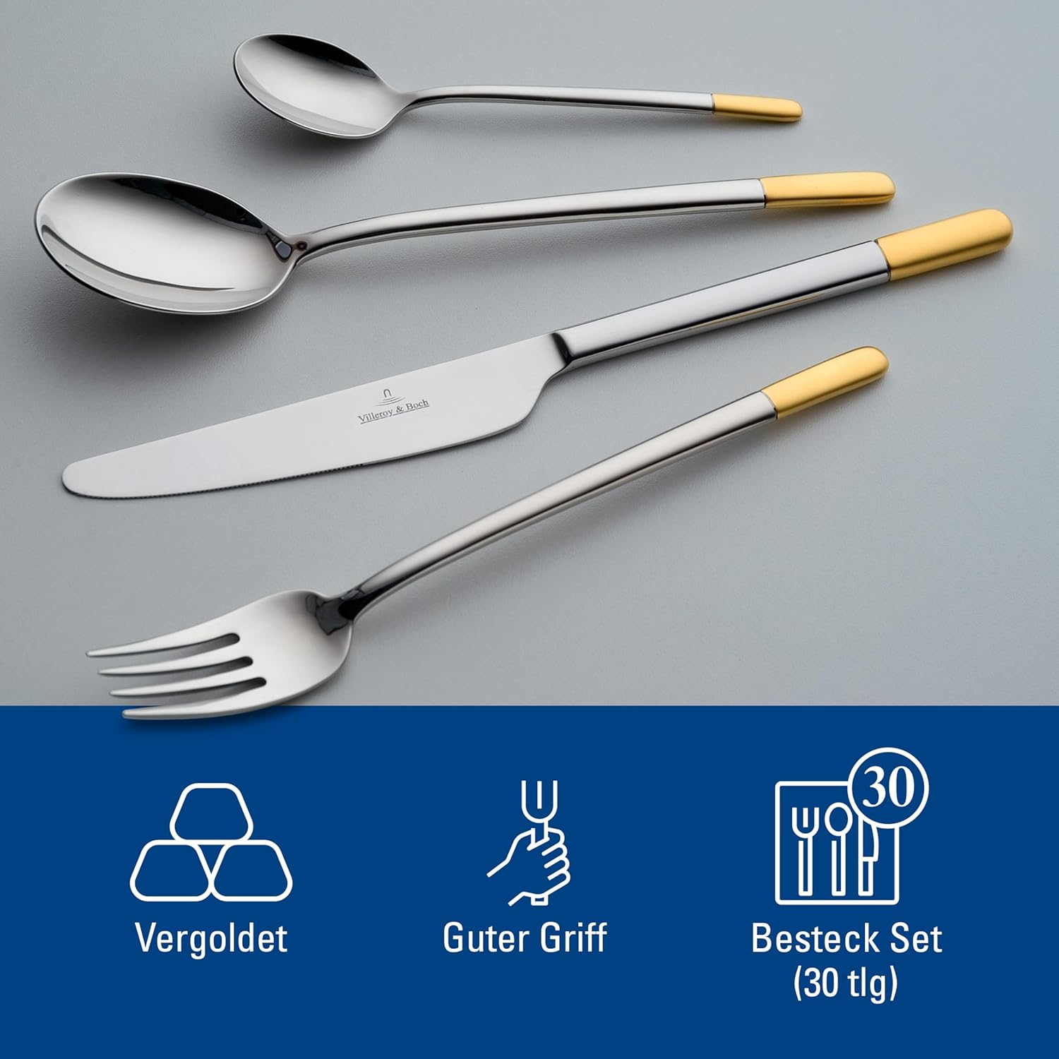 Villeroy & Boch Ella Cutlery for up to 6 People, 30 Pieces, Stainless Steel, Partially Gold-Plated image number 5