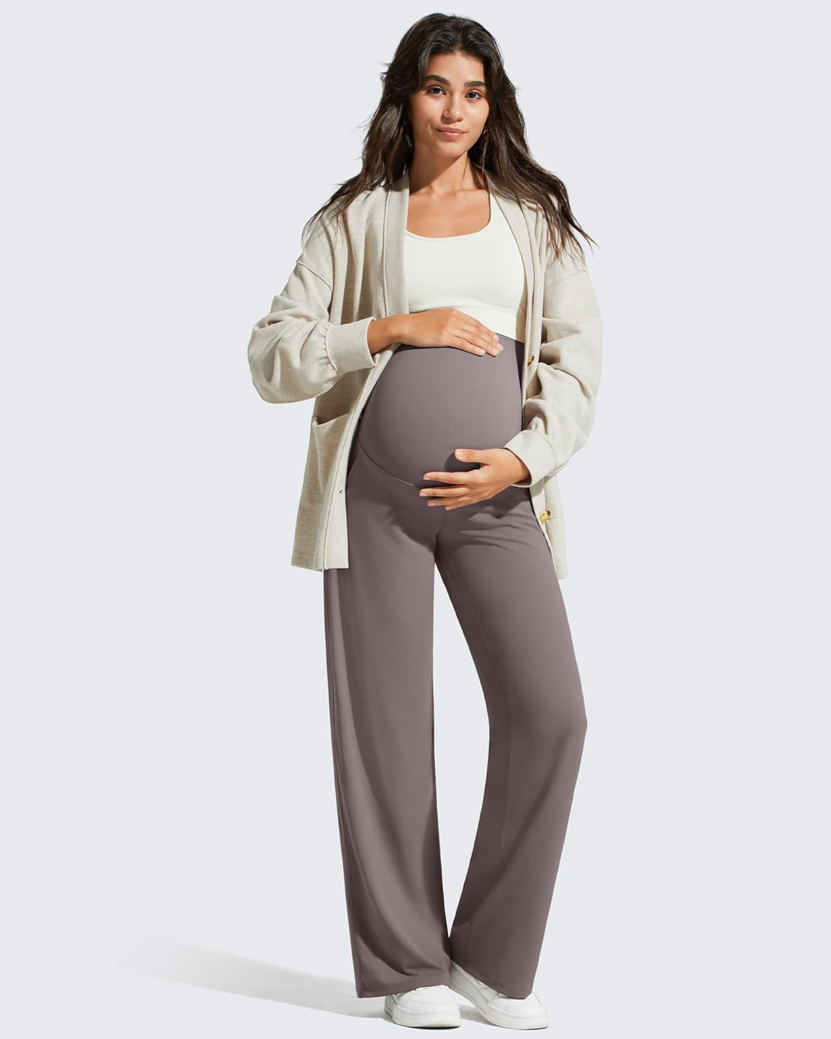 G4Free Barefeel Maternity Dress Yoga Pants with Pockets over the Belly Stretchy Work Slack Pregnancy Wide Leg Casual Trousers image number 4