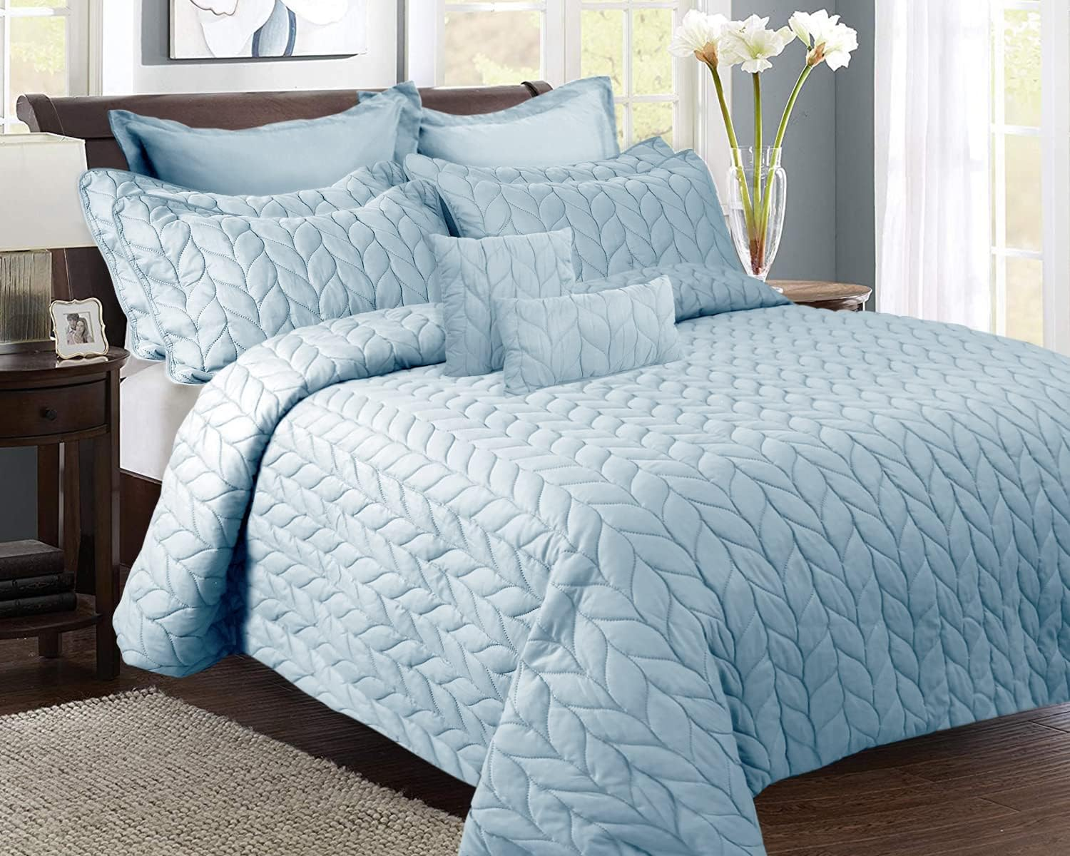 Ramesses Ultrasonic Embossed Lightweight Comforter 9 Pieces Set, Queen, Teal