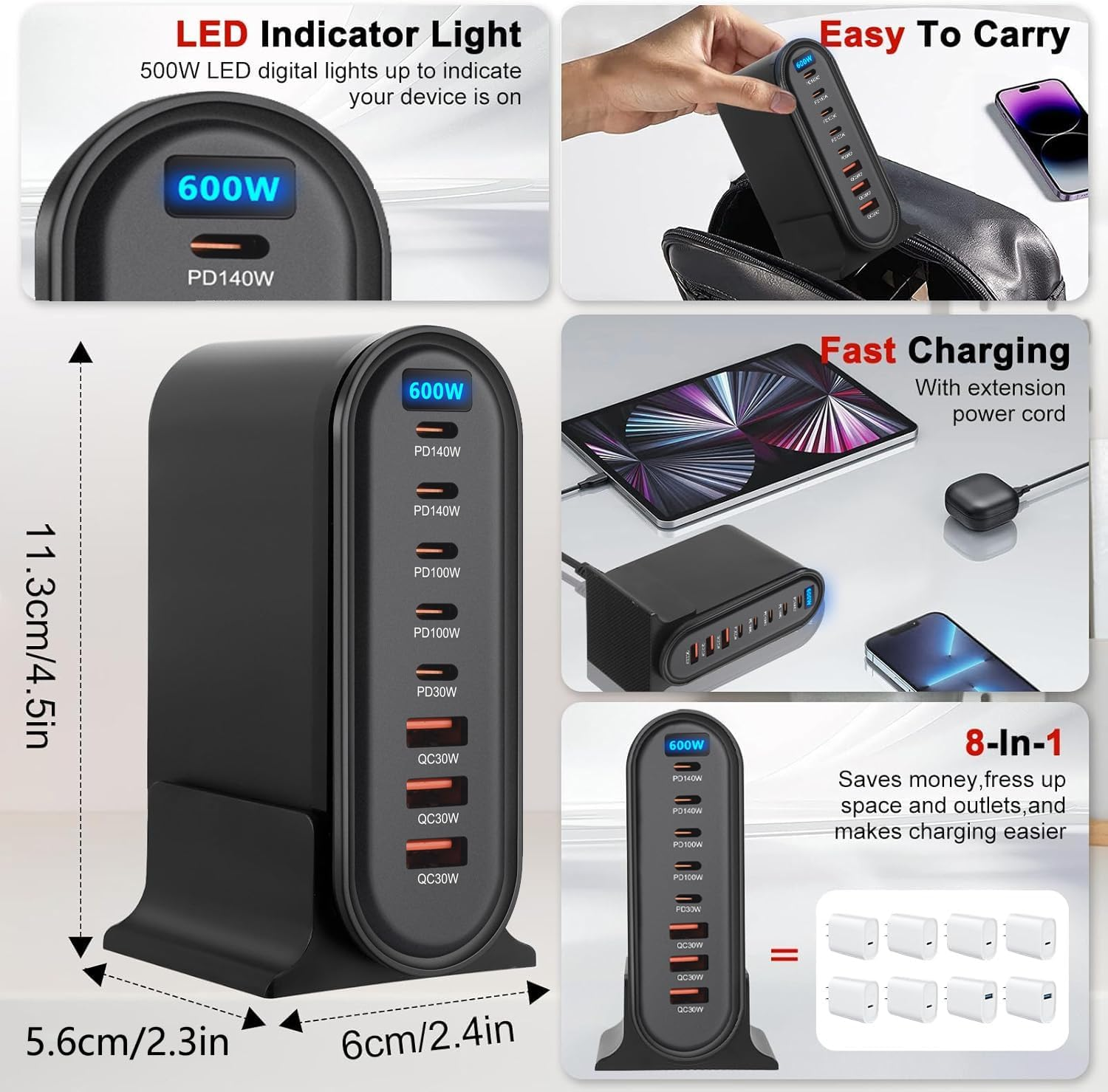 600W USB C Fast Charger Block,8 Port USB Charging Station,Gan III Fast Charging Station Hub,Pd 3.1 140W Laptop Charger Adapter Compatible with Macbook DELL Iphone Galaxy image number 1