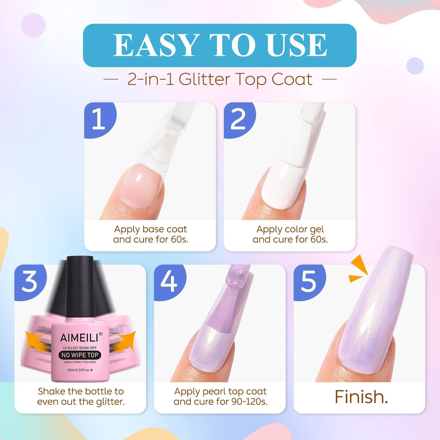 AIMEILI Hema Free Gel Nail Polish Pearl Top Coat, Cruelty Free, Vegan, 2 in 1 Pearlescent Glitter Glossy Shiny No Wipe Gel Top Coat 005 image number 1