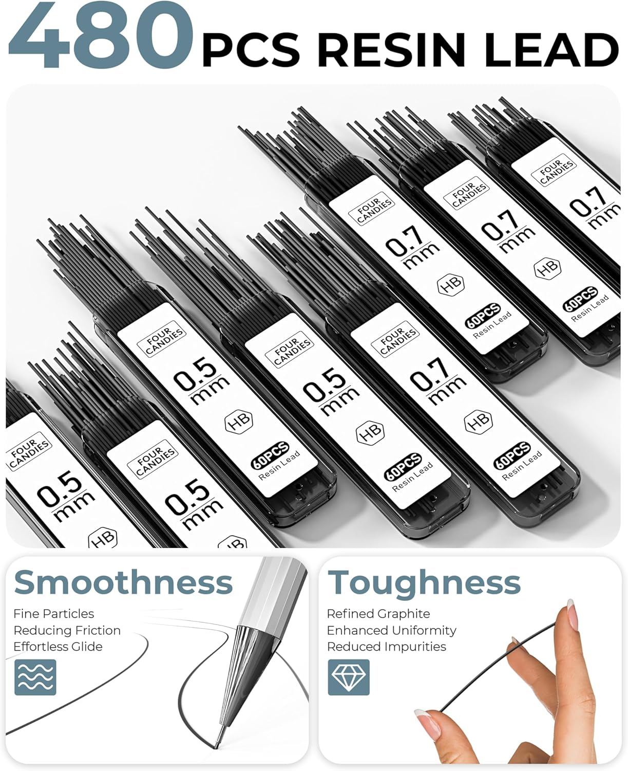 Four Candies 8PCS Metal Mechanical Pencils - 0.5 & 0.7Mm with 8 Tubes HB #2 Lead Refills, Eraser Set and Eraser Refills, 20-Count Pack with Case, Lead Pencils Mechanical for Writing, Drawing, Drafting image number 5