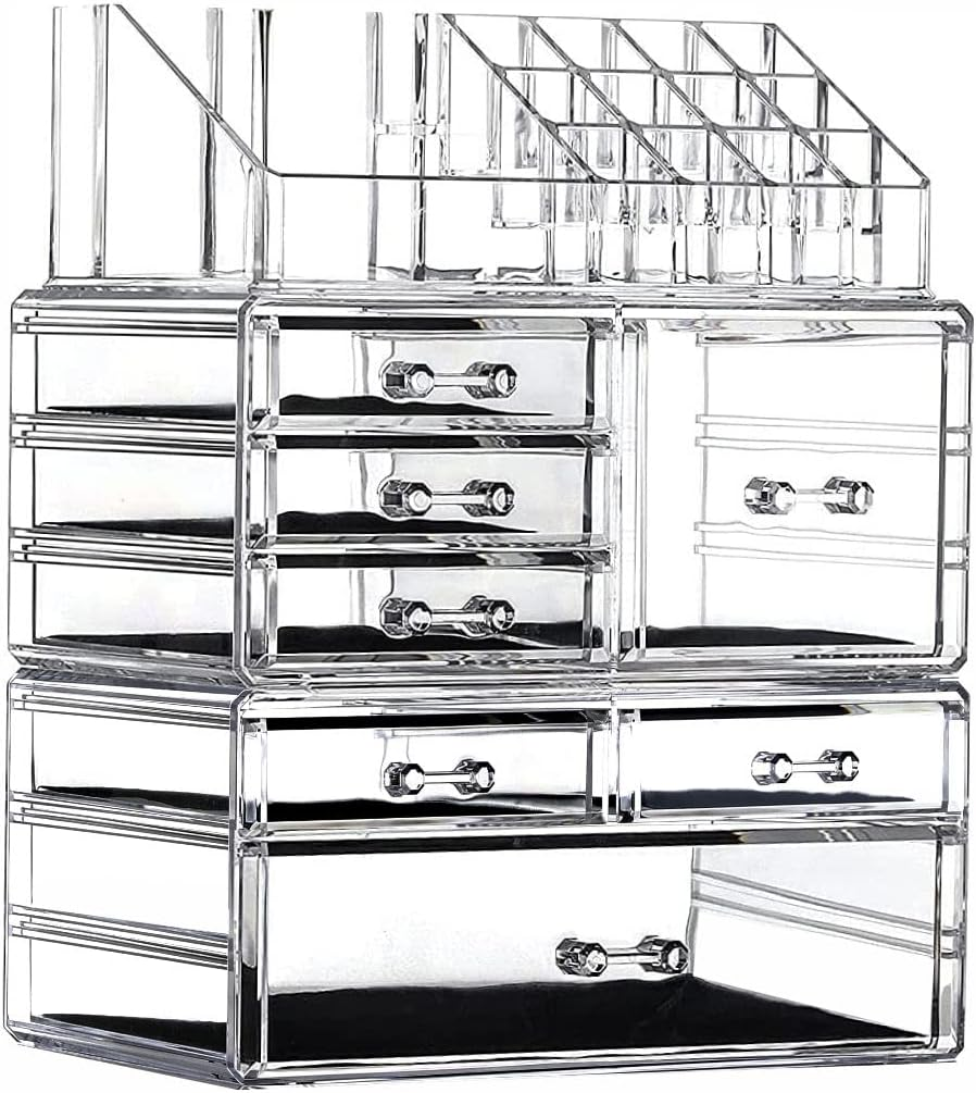 Cq Acrylic Makeup Organizer Skin Care Large Clear Cosmetic Display Cases Stackable Storage Box with with 7 Drawers and 16 Slots,Set of 3 image number 1