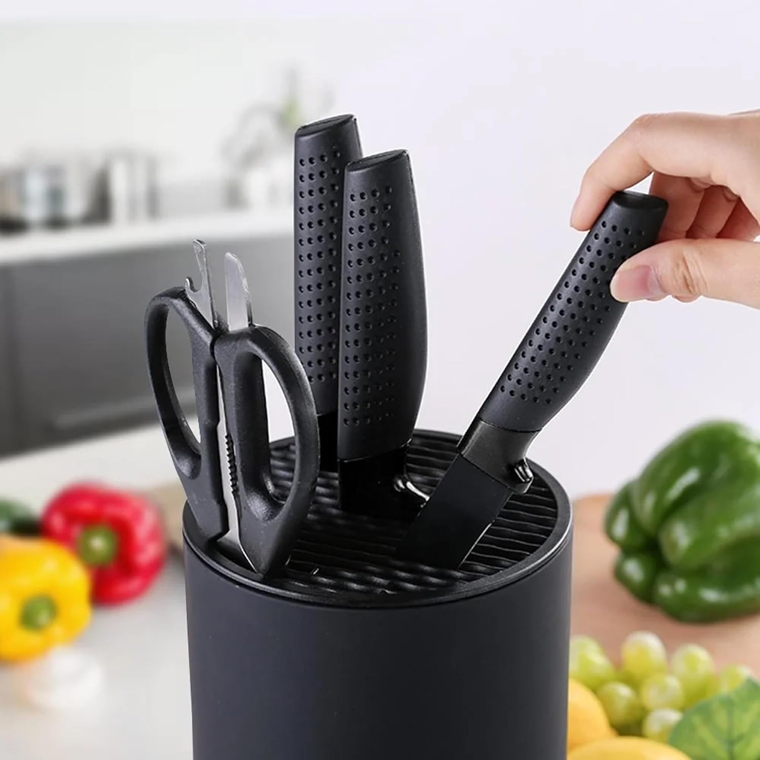 SMART PEPPER Knife Block Holder, Universal Knife Block without Knives, Unique Double-Layer Wavy Design, Black Knife Holder for Kitchen, Space Saver Knife Storage with Scissors Slot image number 1