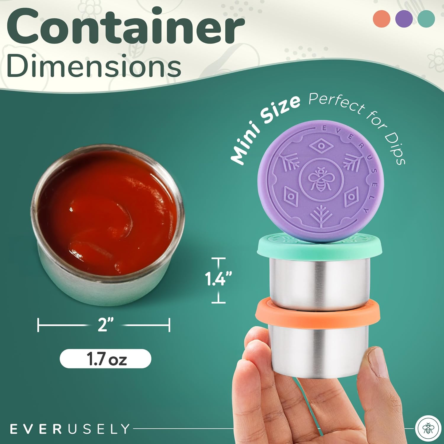 Everusely 3 X 1.7Oz Leakproof Salad Dressing Container to Go, Stainless Steel Small Condiment Containers with Lids, Sauce Containers for Lunch Box, Dressing Cups with Lids, Dip Containers, Sauce Cups image number 3