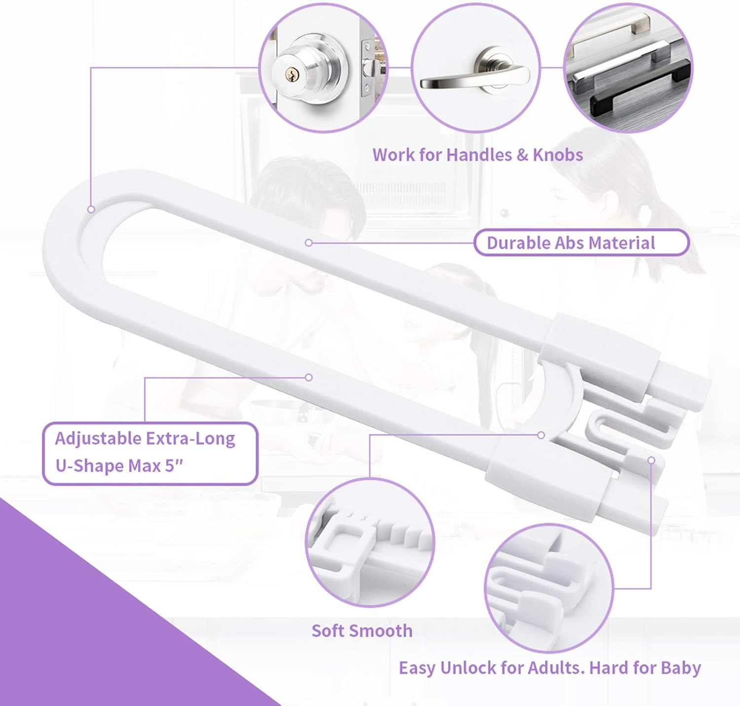 Sliding Cabinet Child Safety Locks-Grandoto U Slide Door Locking for Childproof Safe Latch & Baby Proofing Lock for Wardrobe,Kitchen,Bathroom,Drawer,Fridge,Cupboard Doors Knobs & Handles (4Pack White) image number 4