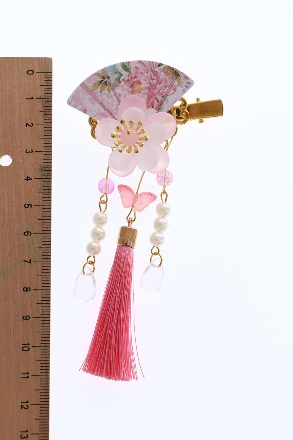 C-118-3 Pink Fan Shape Sakura Cherry Blossom Tassels Hair Clip Hair Clip Hair Clip Japanese Geisha Kimono China Hanfu Accessory image number 1