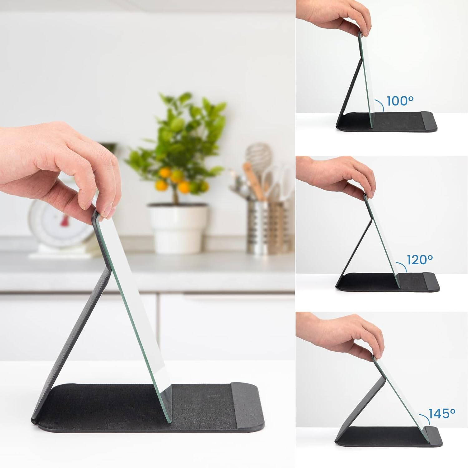 OWLKELA 16X11Cm Portable Folding Mirror, Super HD Compact Makeup, Black PU Leather Travel, Free Standing Vanity, Tabletop Foldable image number 2