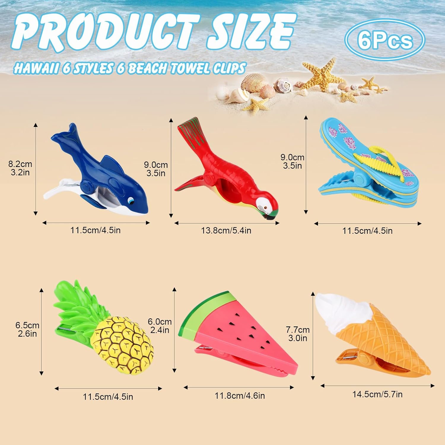 6 Pcs Beach Towel Clips,Beach Towel Pegs,Towel Pegs for Sun Lounger Pool, Flamingo,Parrot,Watermelon,Pineapple Chair Clips Portable Towel Holders Clips,Sunbed Pegs Large Laundry Clothes Pegs image number 2