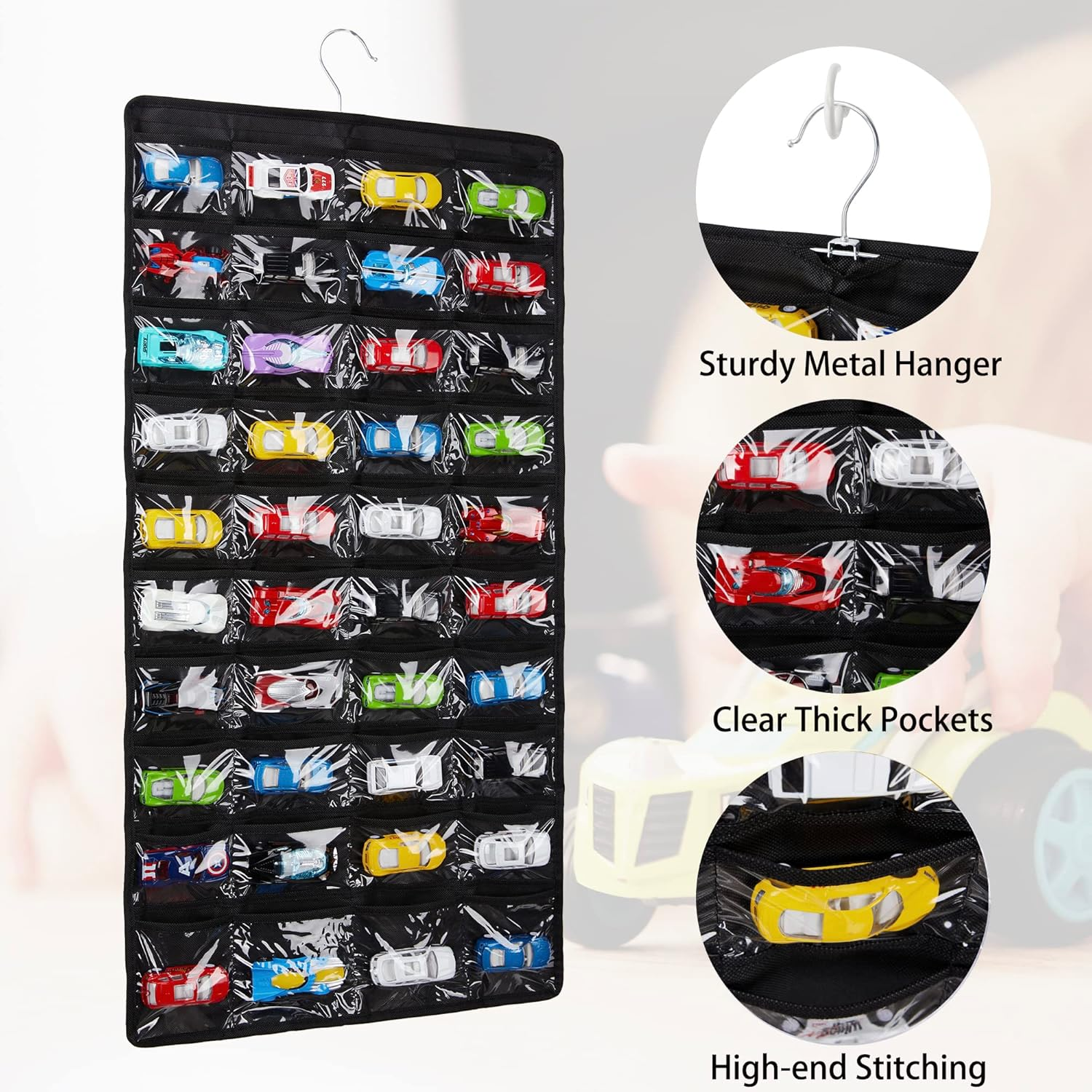 Storage Case Compatible with 80 Hot Wheels Matchbox Cars, Double-Sided Hanging Display Case for Hot Wheels Fits for 80 Toy Cars (80 Slots-Black)