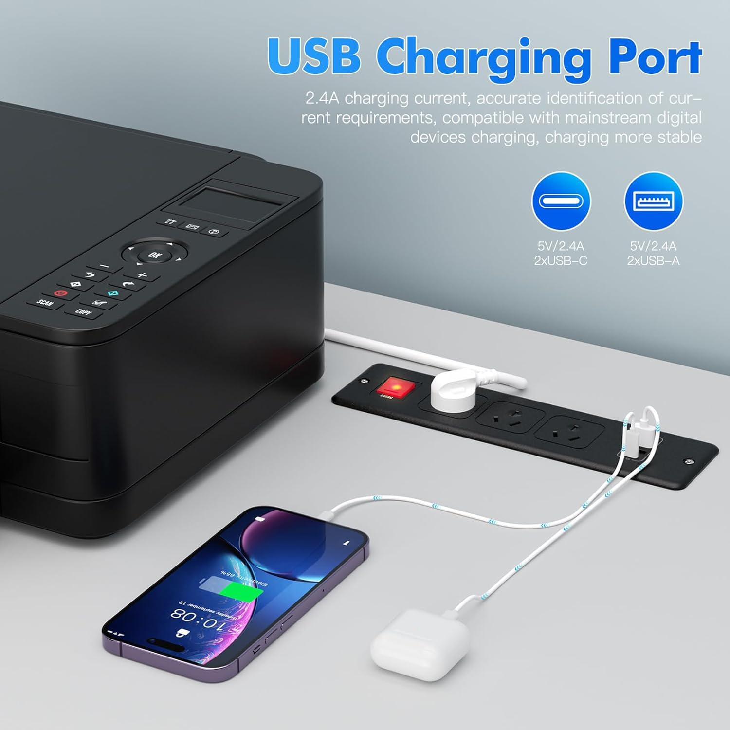 HITRENDS 7 in 1 Recessed Power Strip, 3-Way Built-In Socket with 1.8M Cable, 2 USB-A and 2 USB-C, Table Power Board, Multiple Socket for Conference Table, Worktop, Sofa Table, Black image number 1