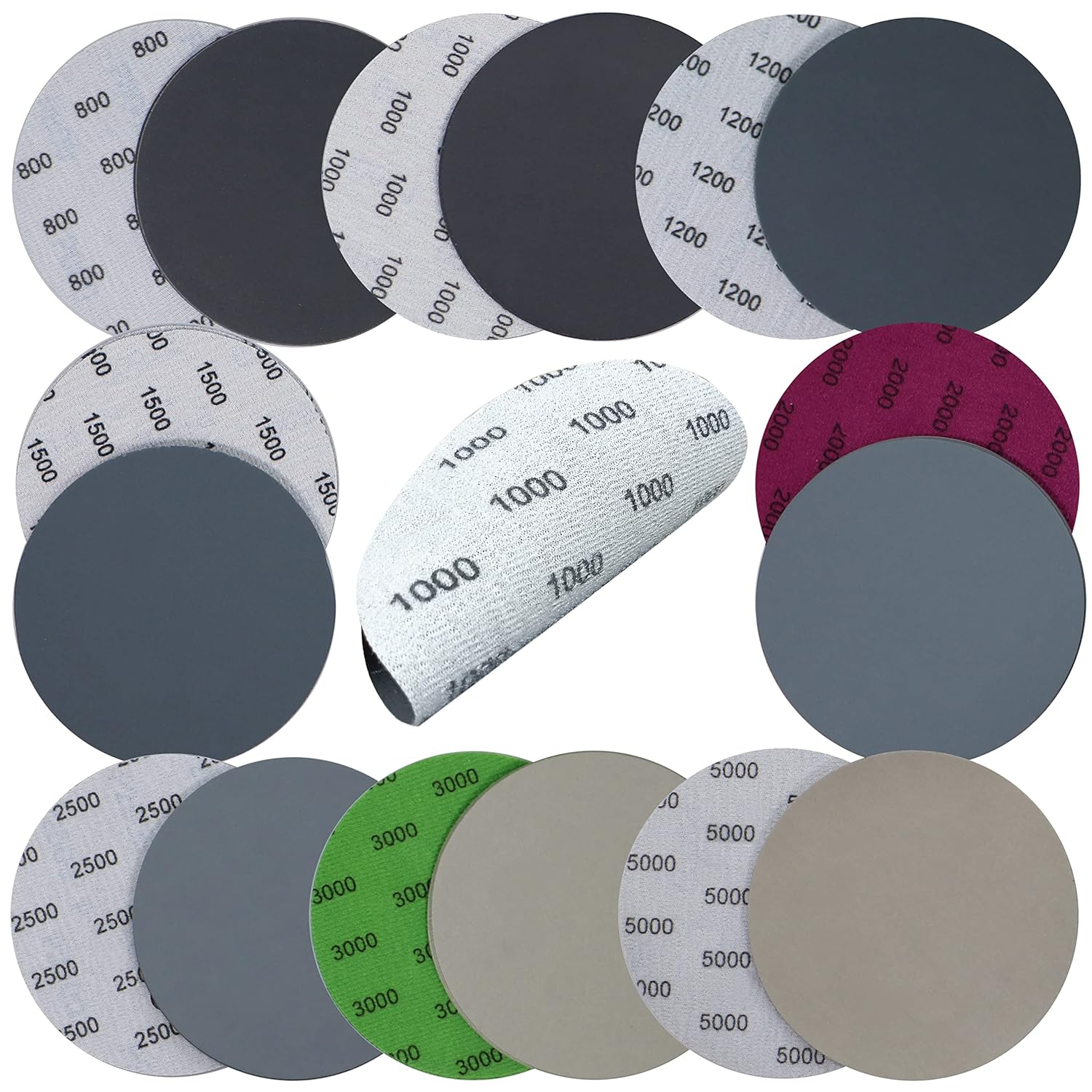 Aewio 40PCS 5 Inch No Hole #800-#5000 Wet Dry Sanding Discs 800 1000 1200 1500 2000 2500 3000 5000 Grit Sandpaper Compatible for Random Orbital Sanders (#800-#5000 8Kind Grit Each 5PCS)