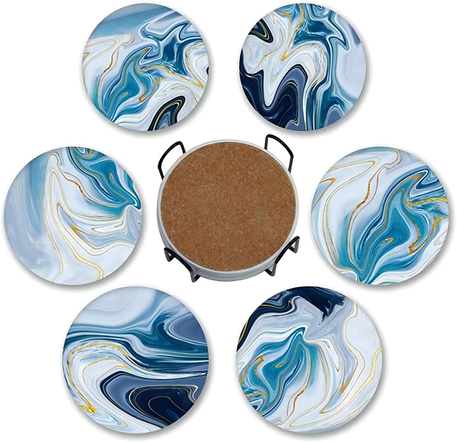 6 Pcs Blue Marble Ceramic Coasters with Holder - Ultra Absorbent Drink Coasters Set, 4Inch Non-Slip Cork Bottom round Table Coasters for Coffee Wine Bar, Decorative Metal Stand Storage image number 6