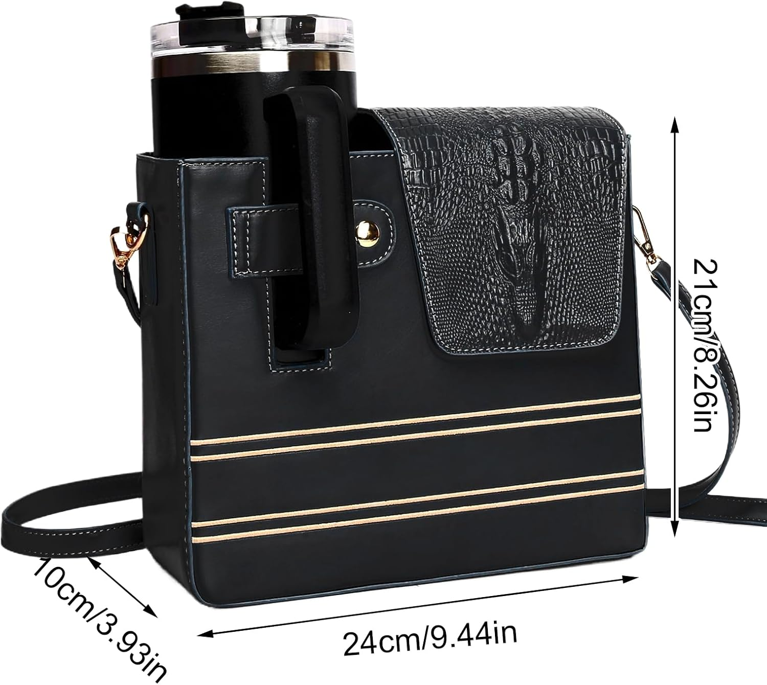 Bag with Cup Holder, Waterproof Shoulder Purse, Cup Holder Bag, Portable Shoulder Purse Multiple Pockets for Women Outdoor Sports Walking Hiking Travel Commuting Camping Cycling - Black image number 6