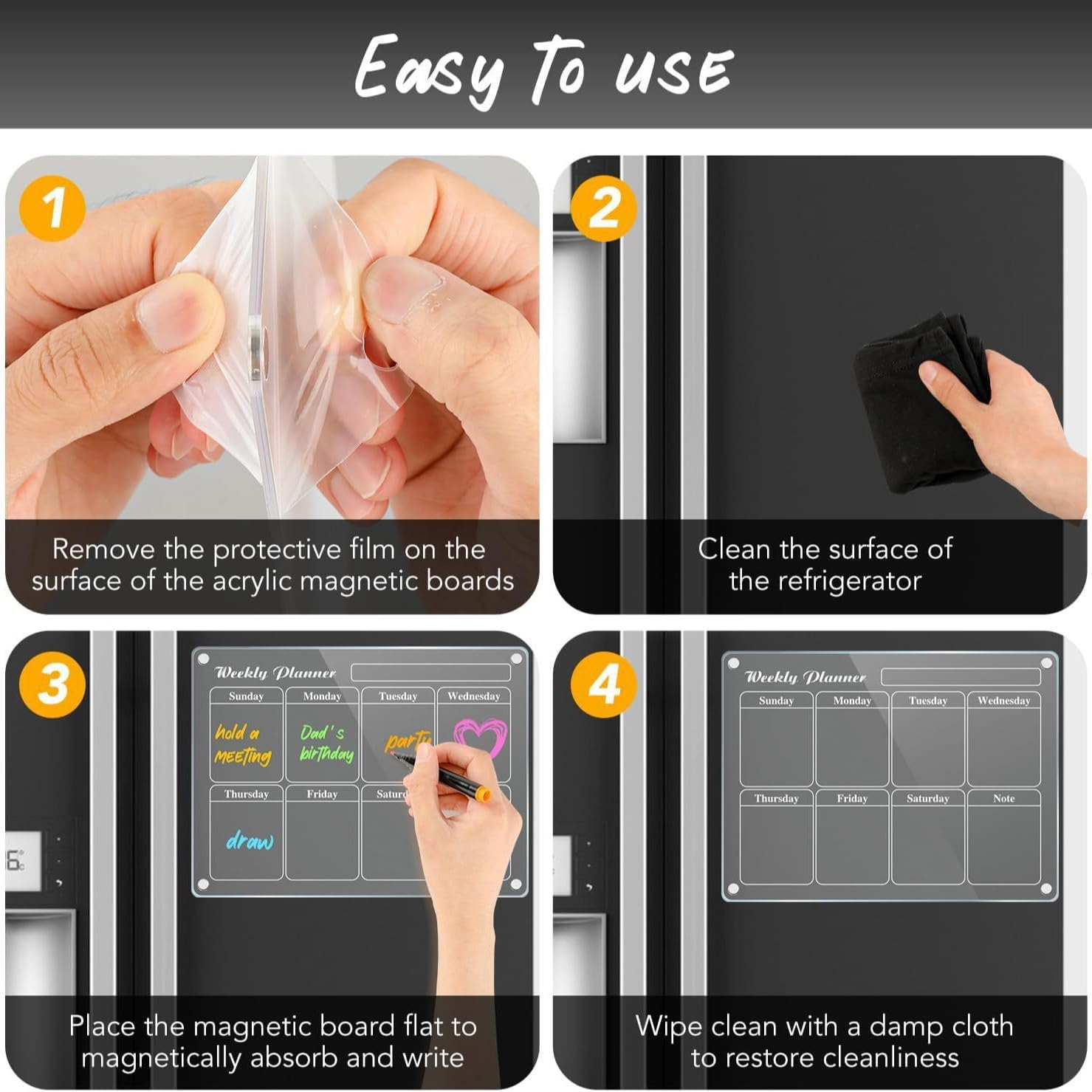 4Pcs Fridge Calendars Planning Pads, Acrylic Magnetic Fridge Calendar, Clear Fridge Monthly Weekly Planner, for Events/Business Meetings/Shopping Lists with 6 Color Markers & Wipes - 40 X 30 Cm and 30 X 20 Cm image number 3