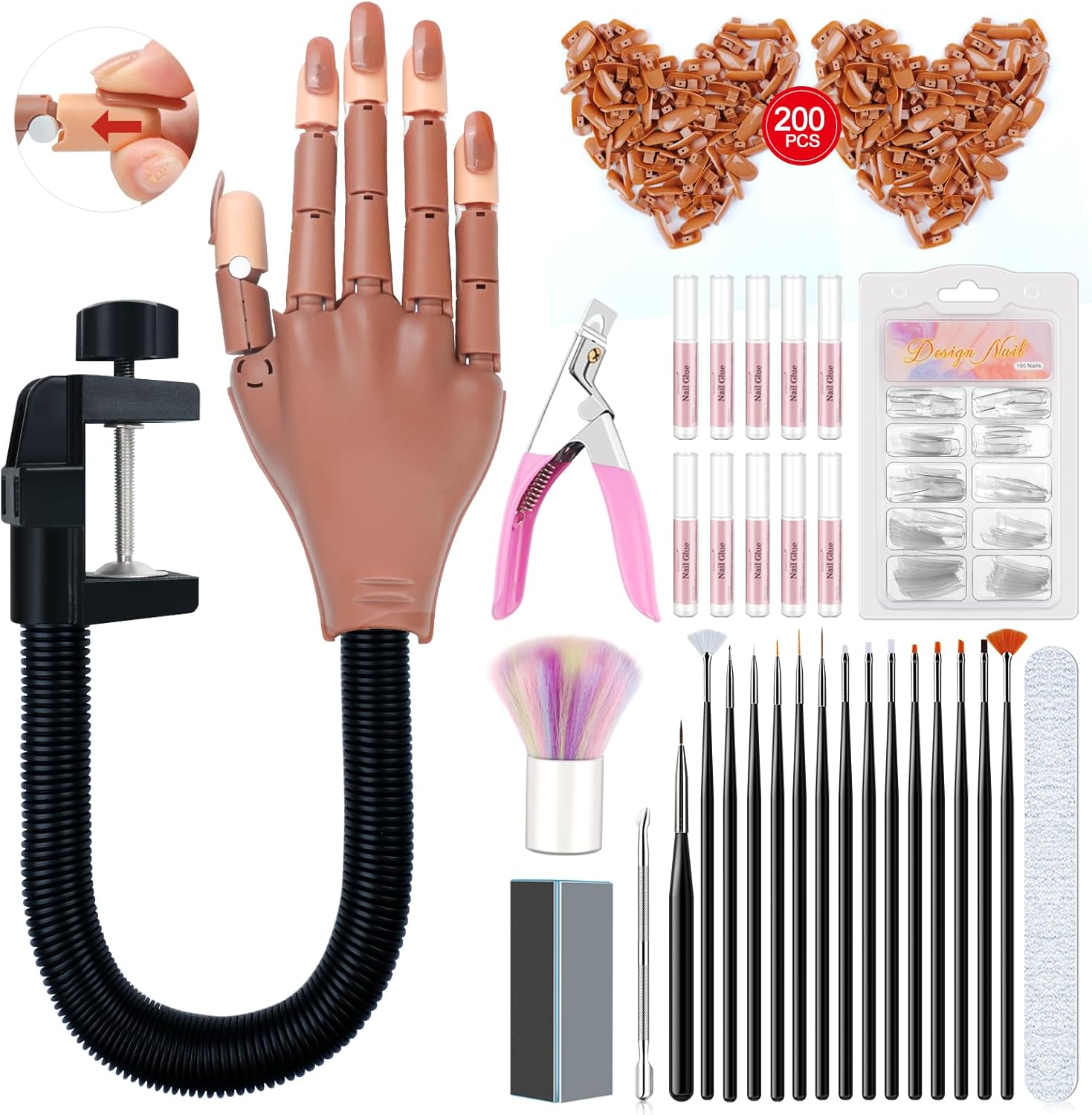 SAVILAND Practice Hand for Acrylic Nails, Flexible Moveable Fake Hands, Manicure Trainng Hand Nail Kit for Beginners, Movable Nail Maniquin Hand with 200PCS Nail Tips, Nail Glues, Brush and Clipper image number 1