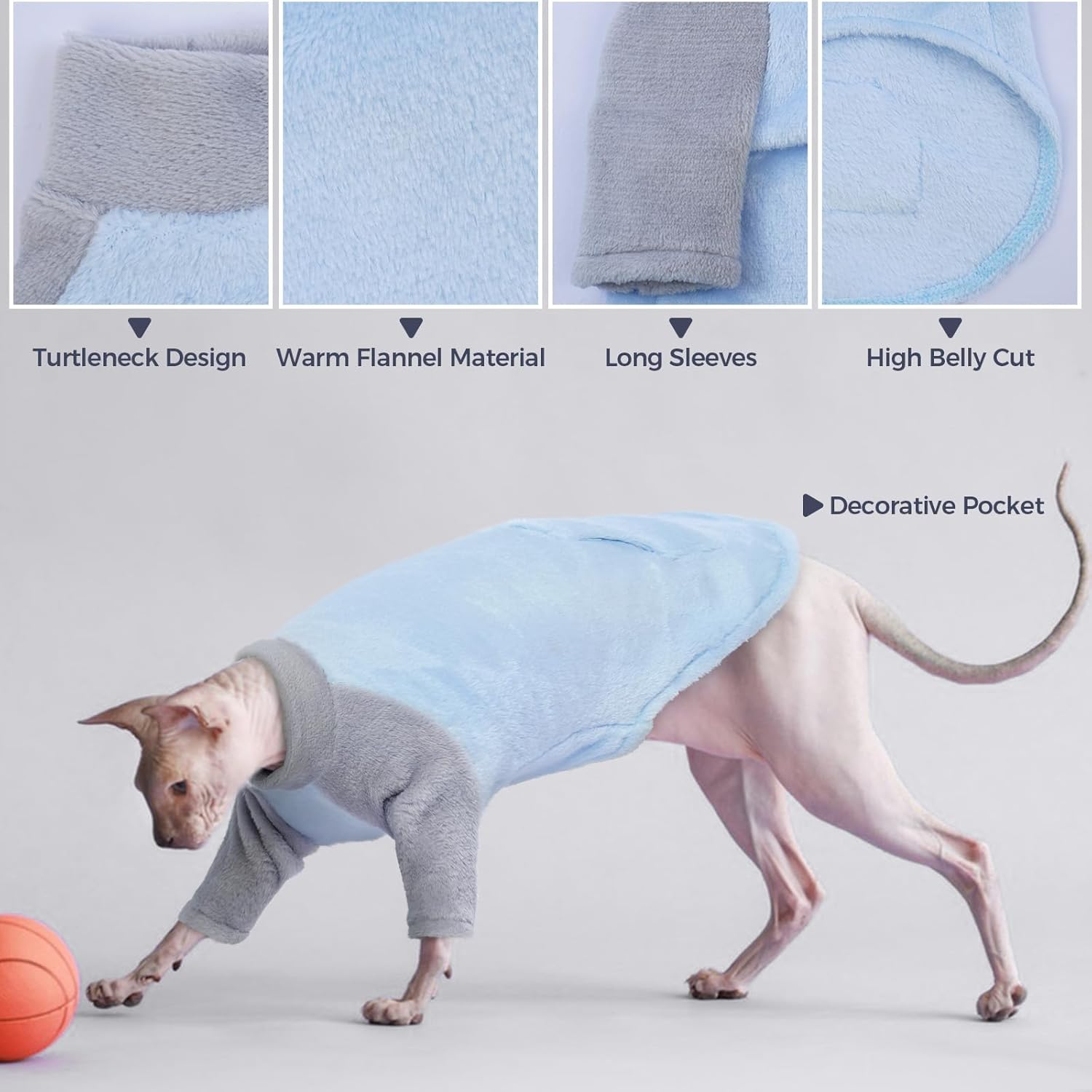 Sphynx Winter Coat for Cats, Hairless Cat Clothes, Fleece, Turtleneck Sweater (Blue, 2XL) image number 1