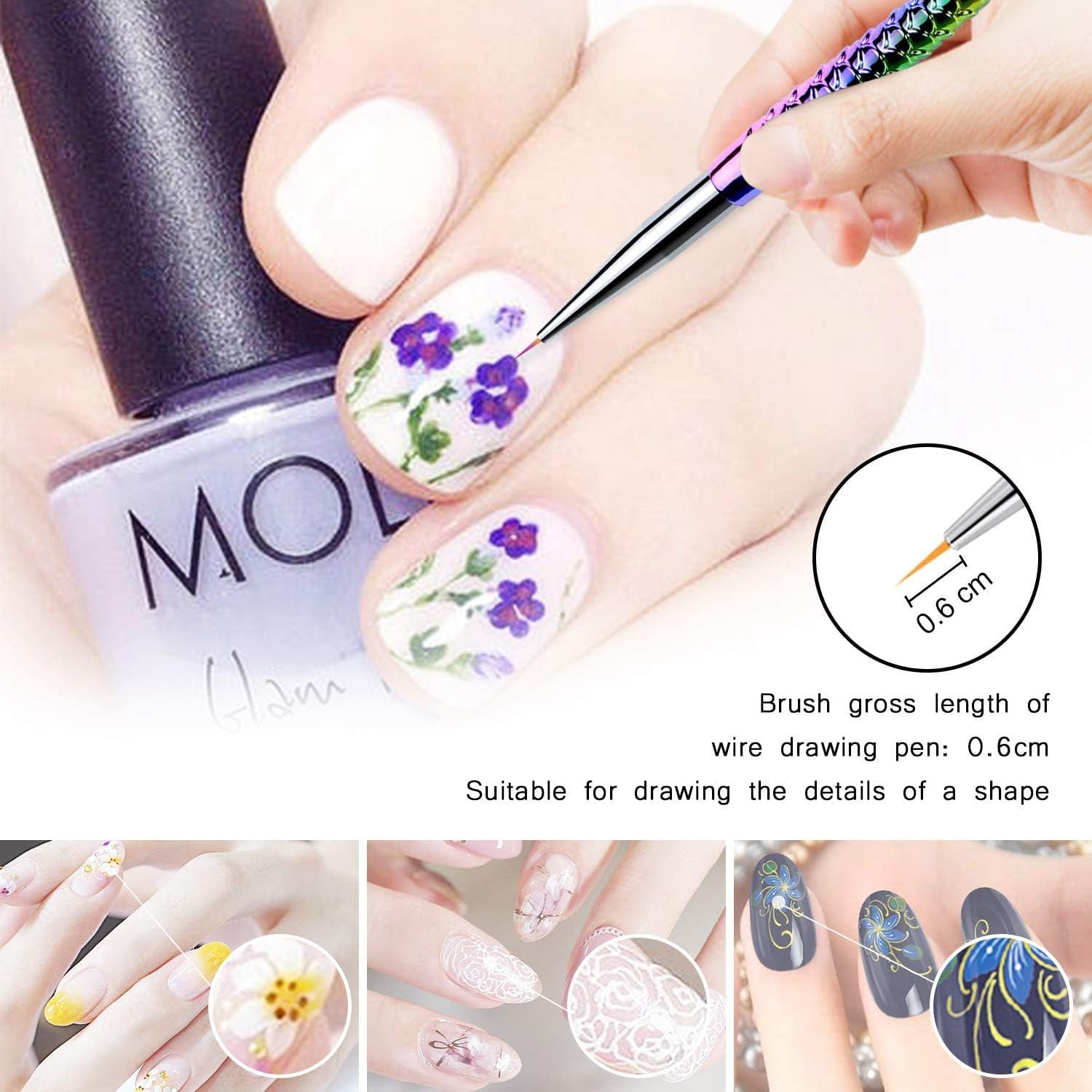 ANCLLO Pack of 3 Nail Art Brushes, Professional Nail Art Brushes, Colourful Fishtail Brushes, Dotting Tool Pieces, Nail Art Liner Brush, Nail Art Painting Liner Pen image number 3