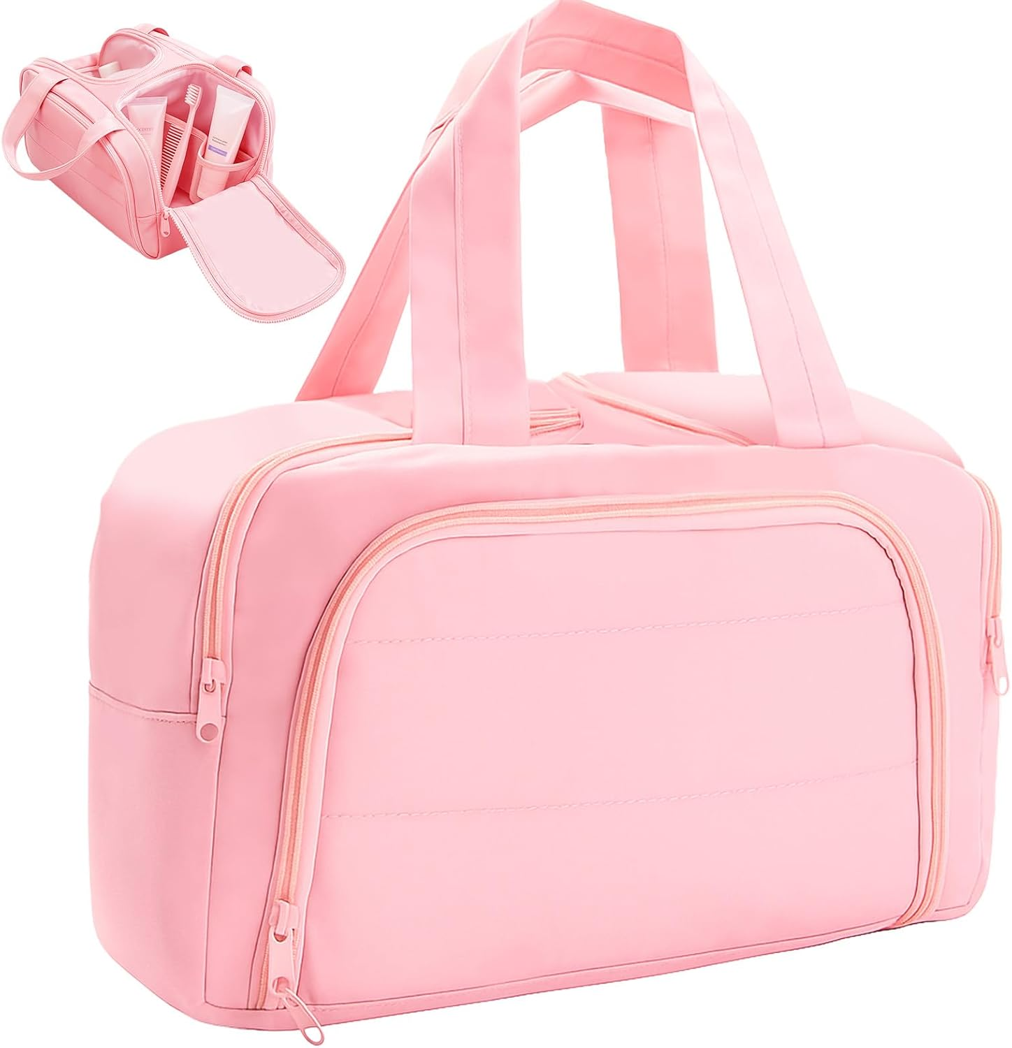 Teccfly Travel Toiletry Bag,Puff Large Capacity Cosmetic Bag,Makeup Bag with Handle for Women,Travel Bags with Wide Open Design for Makeup Toiletry,Accessories & Essentials,Valentine'S Day Gift(Pink) image number 1