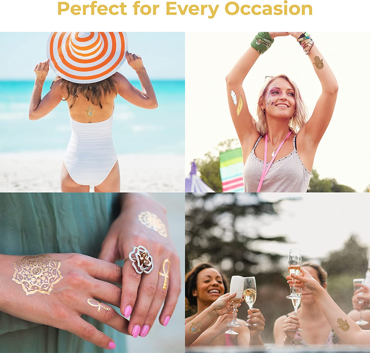 Metallic Temporary Tattoos for Women Teens Girls - 8 Sheets Gold Silver Temporary Tats Glitter Shimmer Designs Jewelry Tattoos - 100+ Color Flash Fake Waterproof Tattoo Stickers (Caicos) image number 5