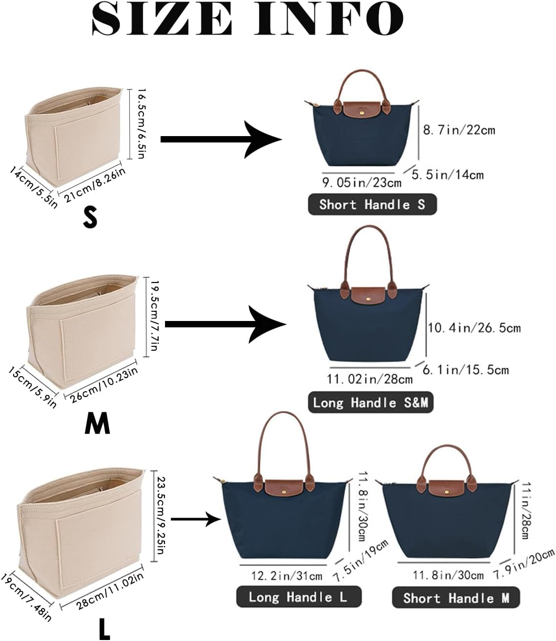 Purse Organizer Insert for Longchamp,Tote Bag Organizer Insert, Multi Pocket Felt Handbag Organizer (Beige, Large) image number 3