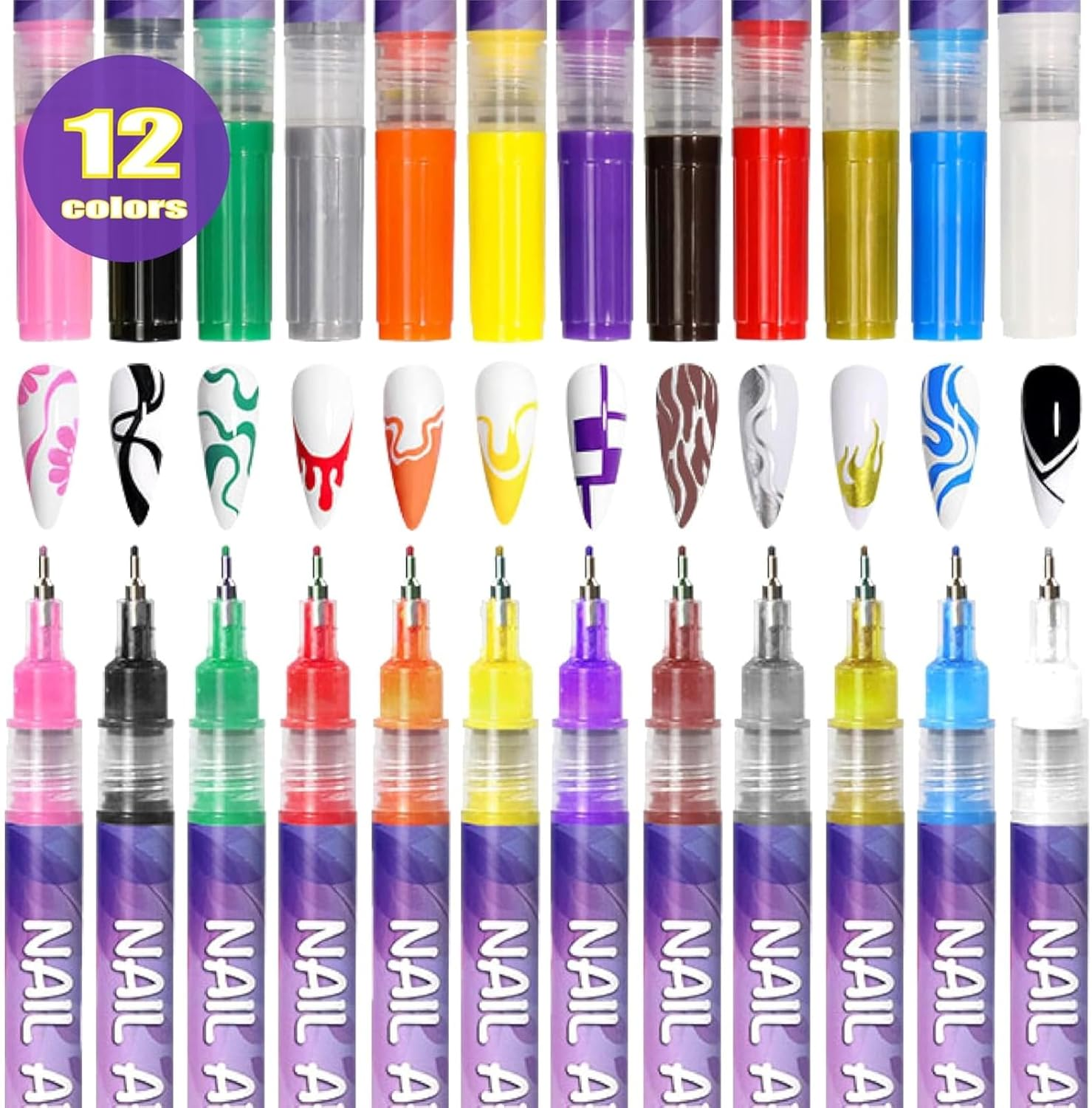 Nail Polish Pens, Tempered Top Coat Sets, Graffiti and Diamond-Dotting Pens, Acrylic Paint Pens, Dotting and Line-Drawing Pens. 12-Color Nail Art Pen Set for Nail Design (Nail Art Pen + Top Coat - 2Pcs) image number 1