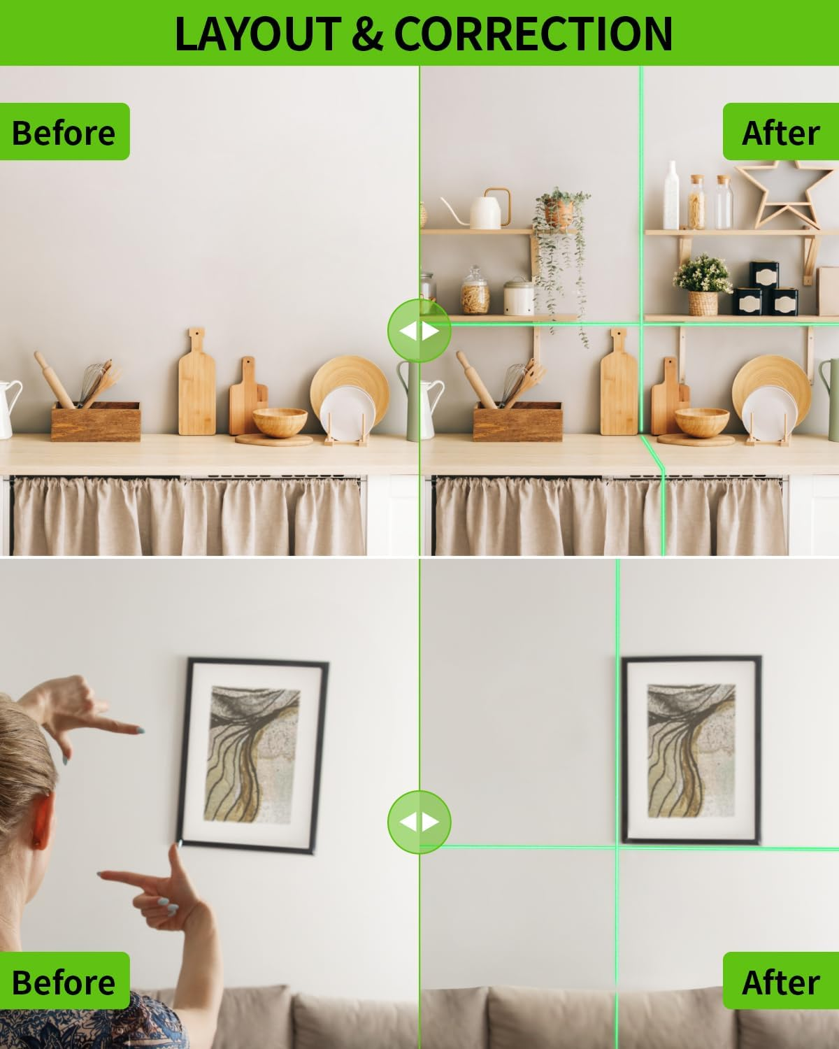 Laser Level, Firecore 82Ft Self Leveling Lazer Level, Green Cross Line Leveler Tool with Brightness Adjustment, DIY Laser Level for Picture Hanging and Indoor Projects, Battery, Carry Pouch Included image number 3