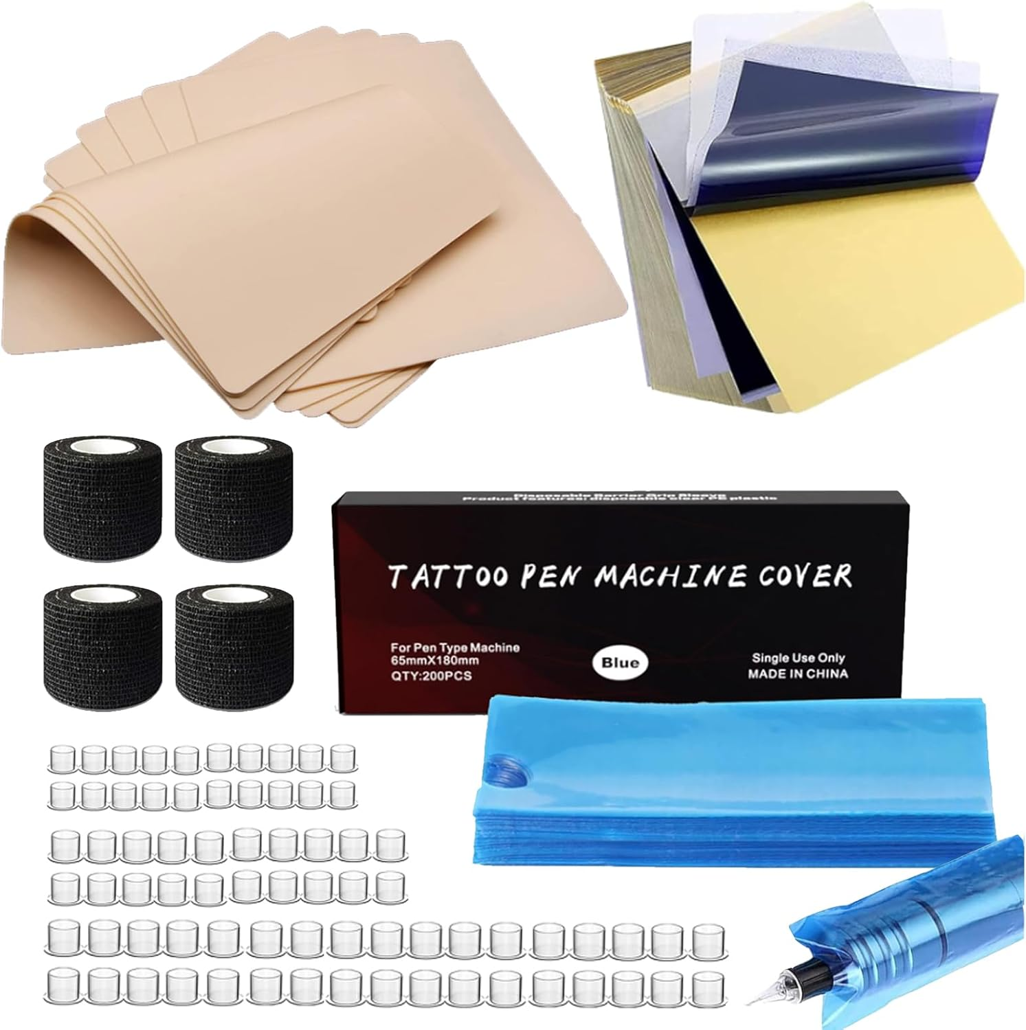 LEAYOKA 569Pcs Artificial Skin Tattoo Set with Tattoo Practice Skin, Tattoo Stencil Paper, Colour Cups, Pen Cases and Grip Tape - Comprehensive Package for Realistic Tattoo Exercises Tattoo