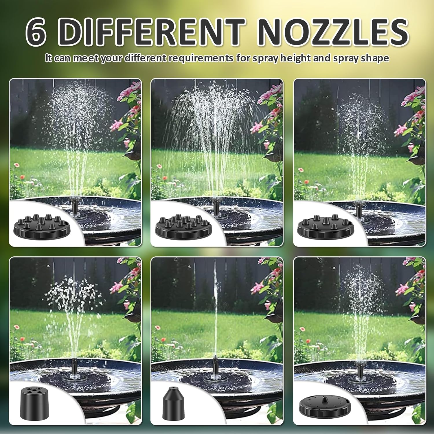 Solar Bird Bath Fountain Pump, 9V 2W Bird Bath Fountain Pump with 6 Different Nozzles, Free Standing Floating Solar Powered Water Fountain Pump for Bird Bath, Garden, Pond, Pool, Outdoor image number 5