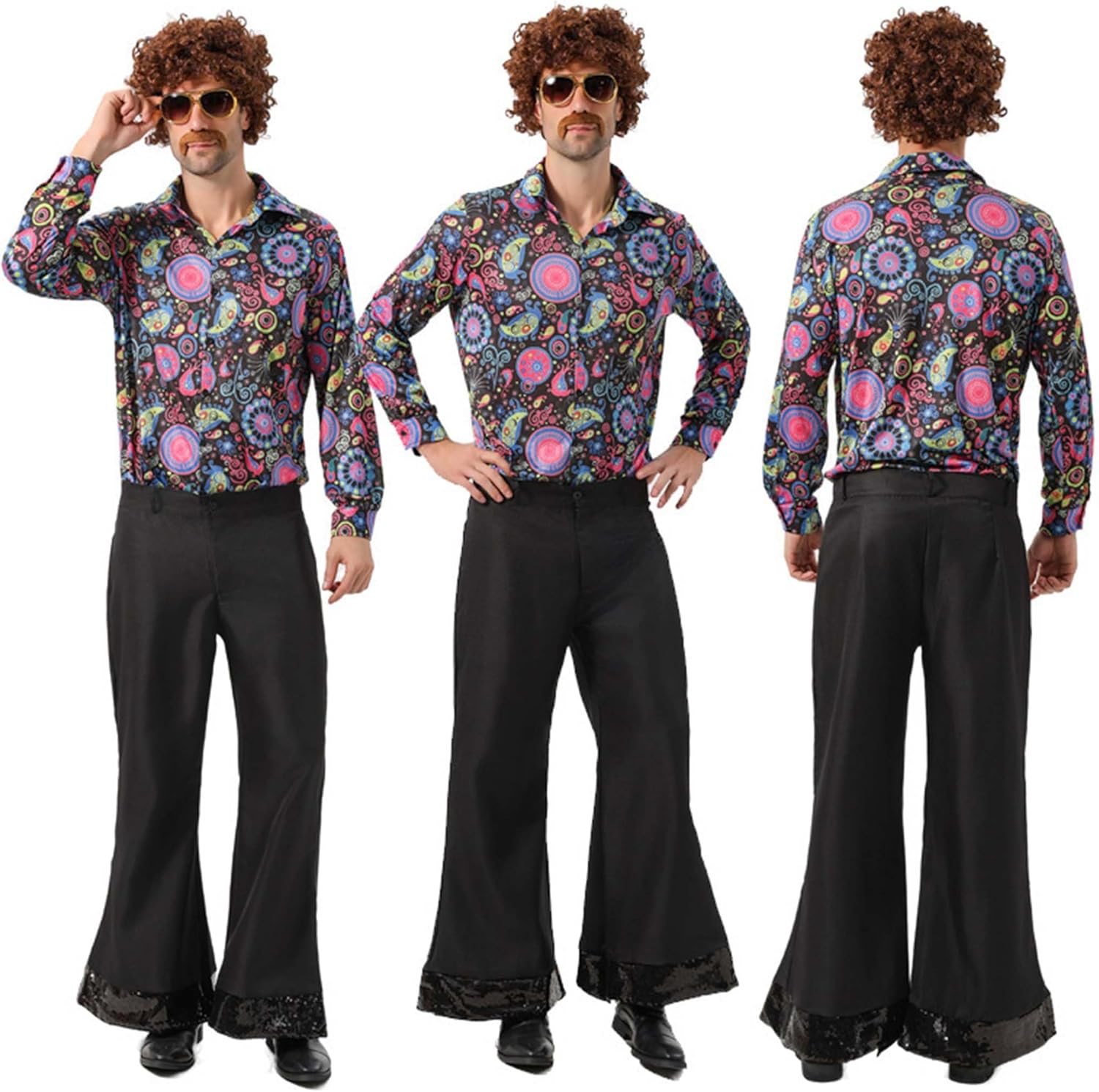 4 PCS Hippie Costume for Mens 60S 70S Disco T-Shirt Afro Wig Accessories Set for Halloween Party Cosplay image number 6